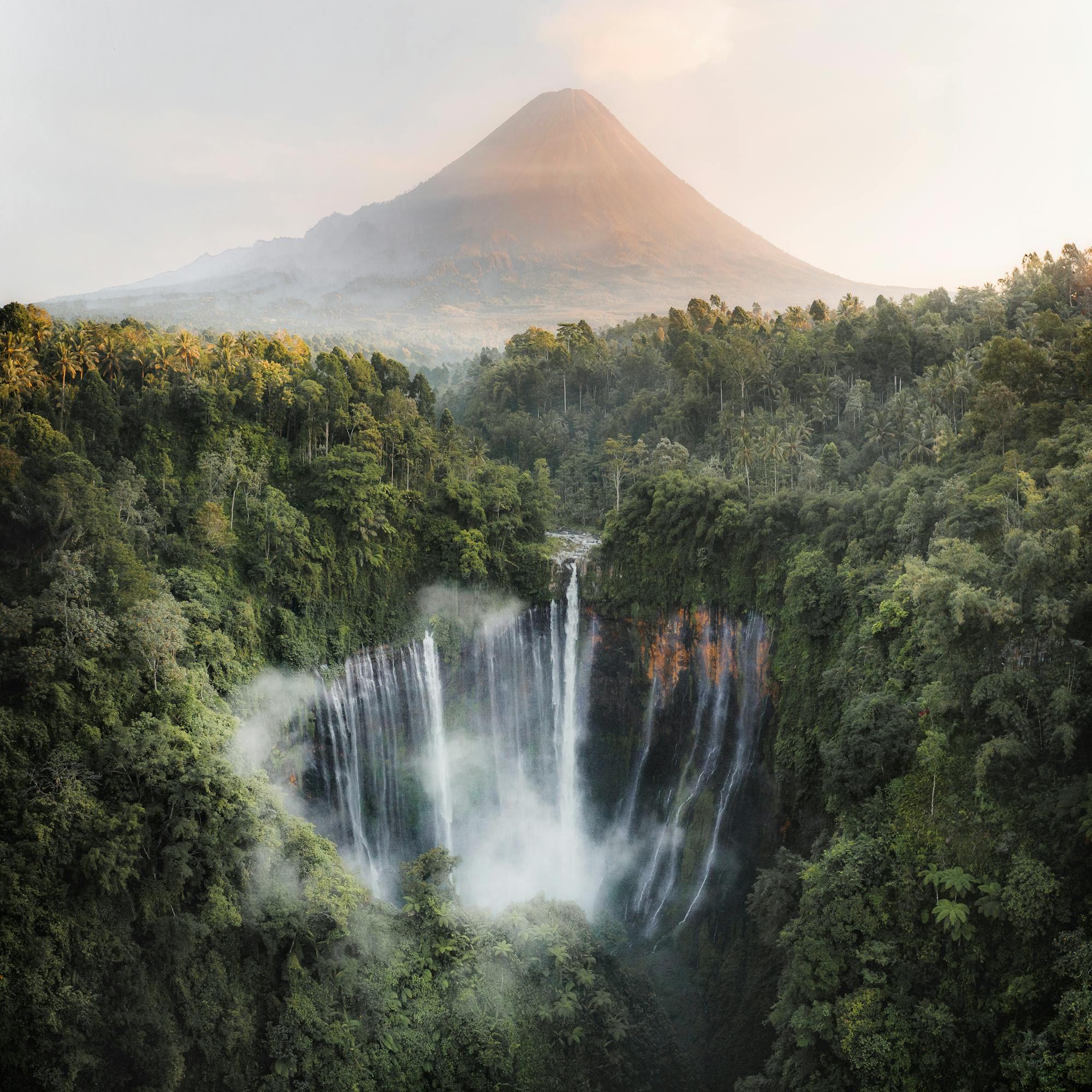 Waterfall cascades through dense jungle with a misty mountain in the background.