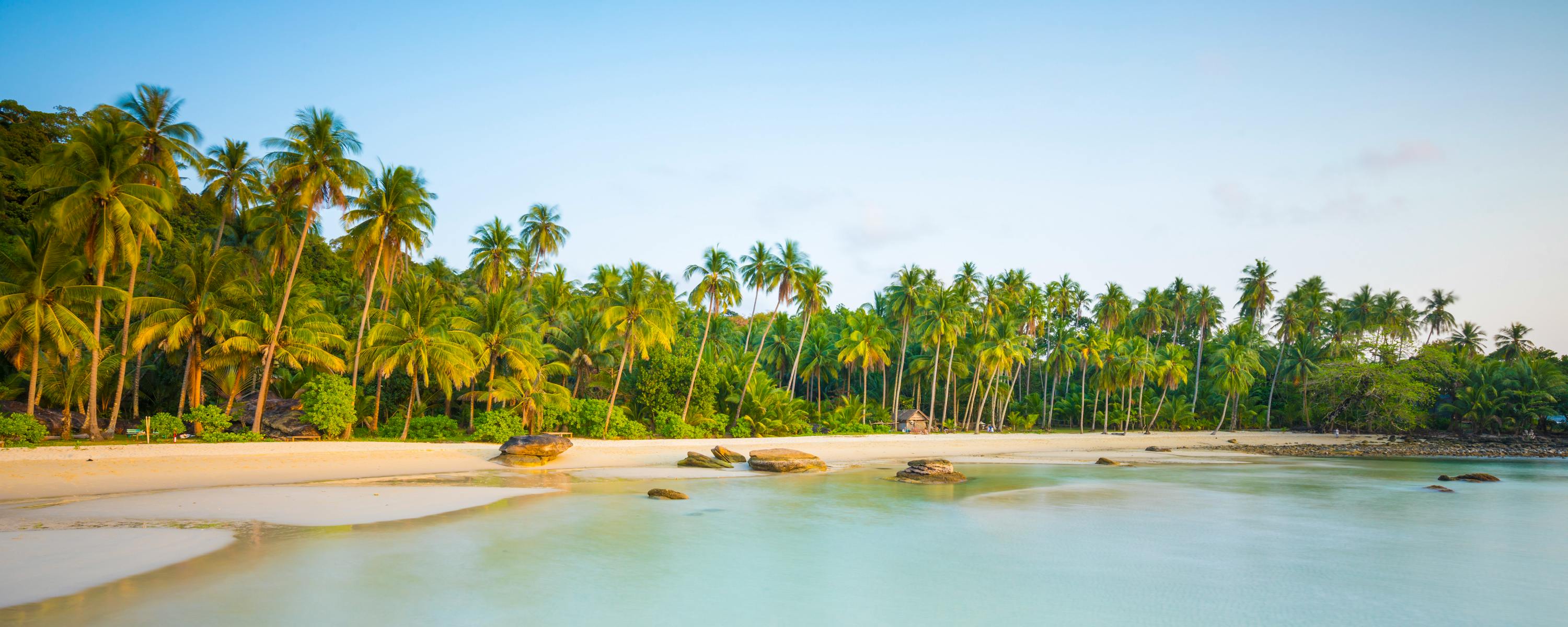 Palm trees line a calm tropical lagoon with pale sand and clear water.