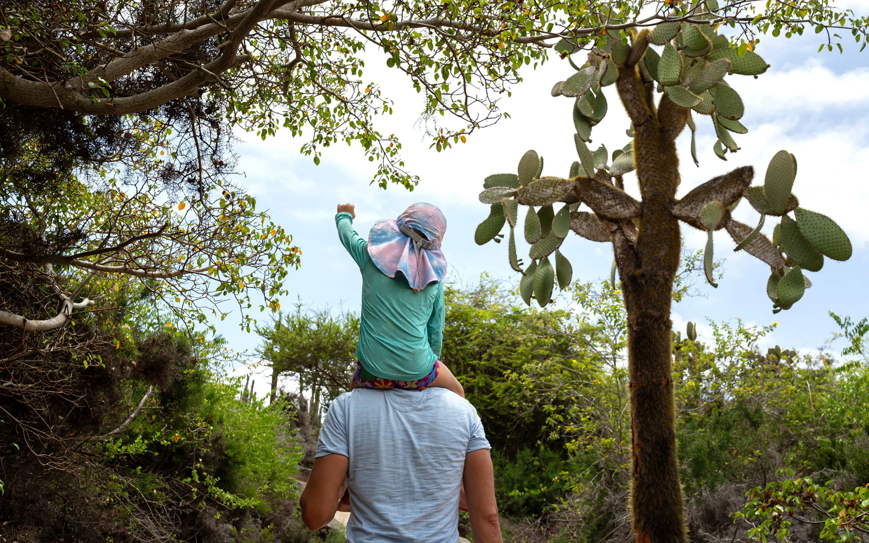 Person carries another person on their shoulders while looking up at a tree in a dry landscape.