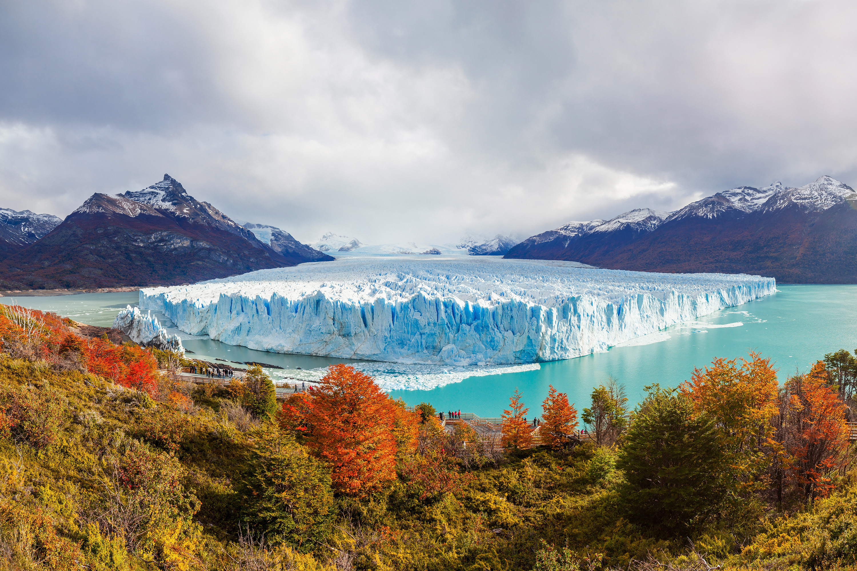 A bright blue glacier meets a turquoise lake, framed by autumn trees and mountains.