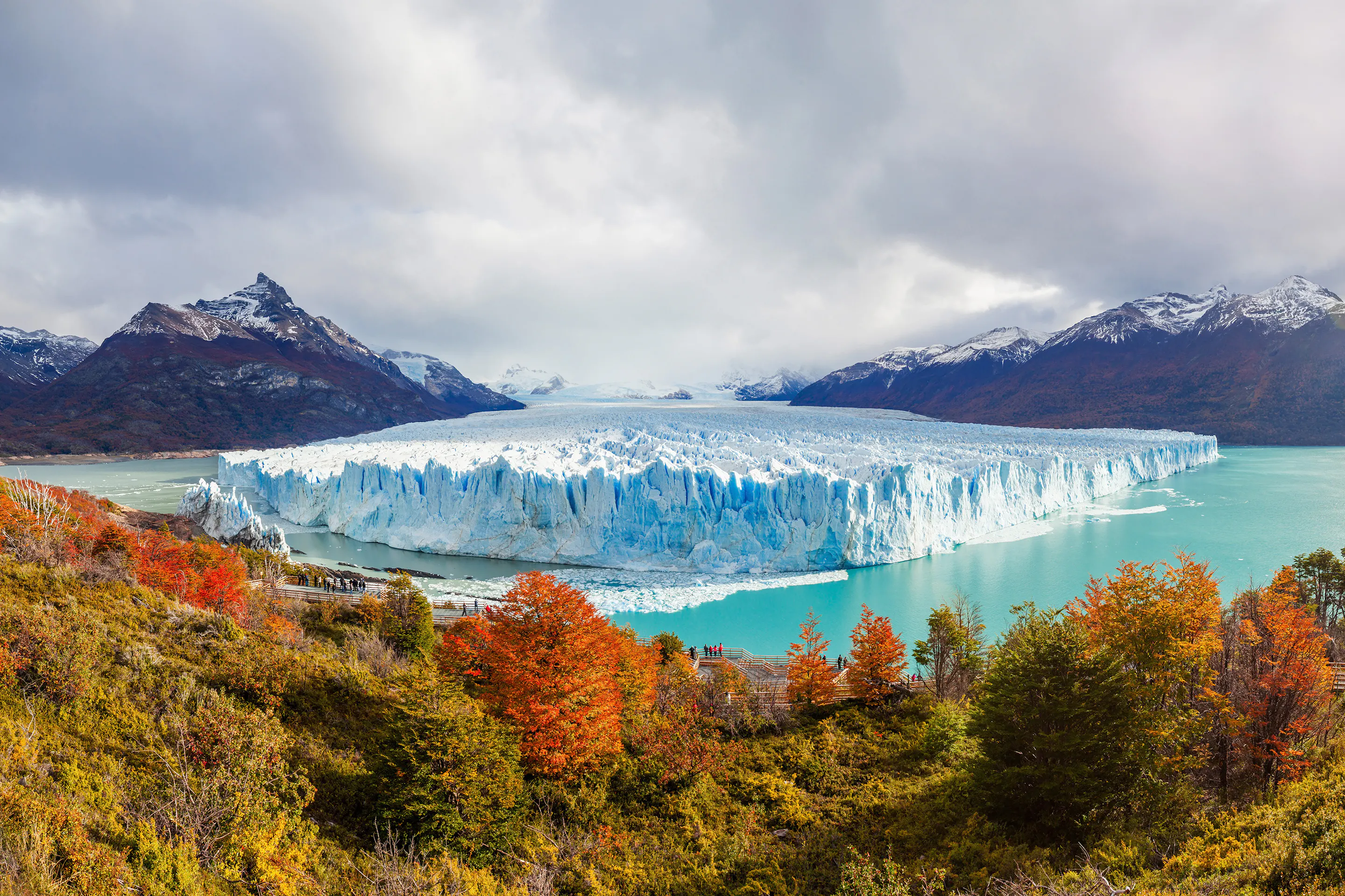 A bright blue glacier meets a turquoise lake, framed by autumn trees and mountains.