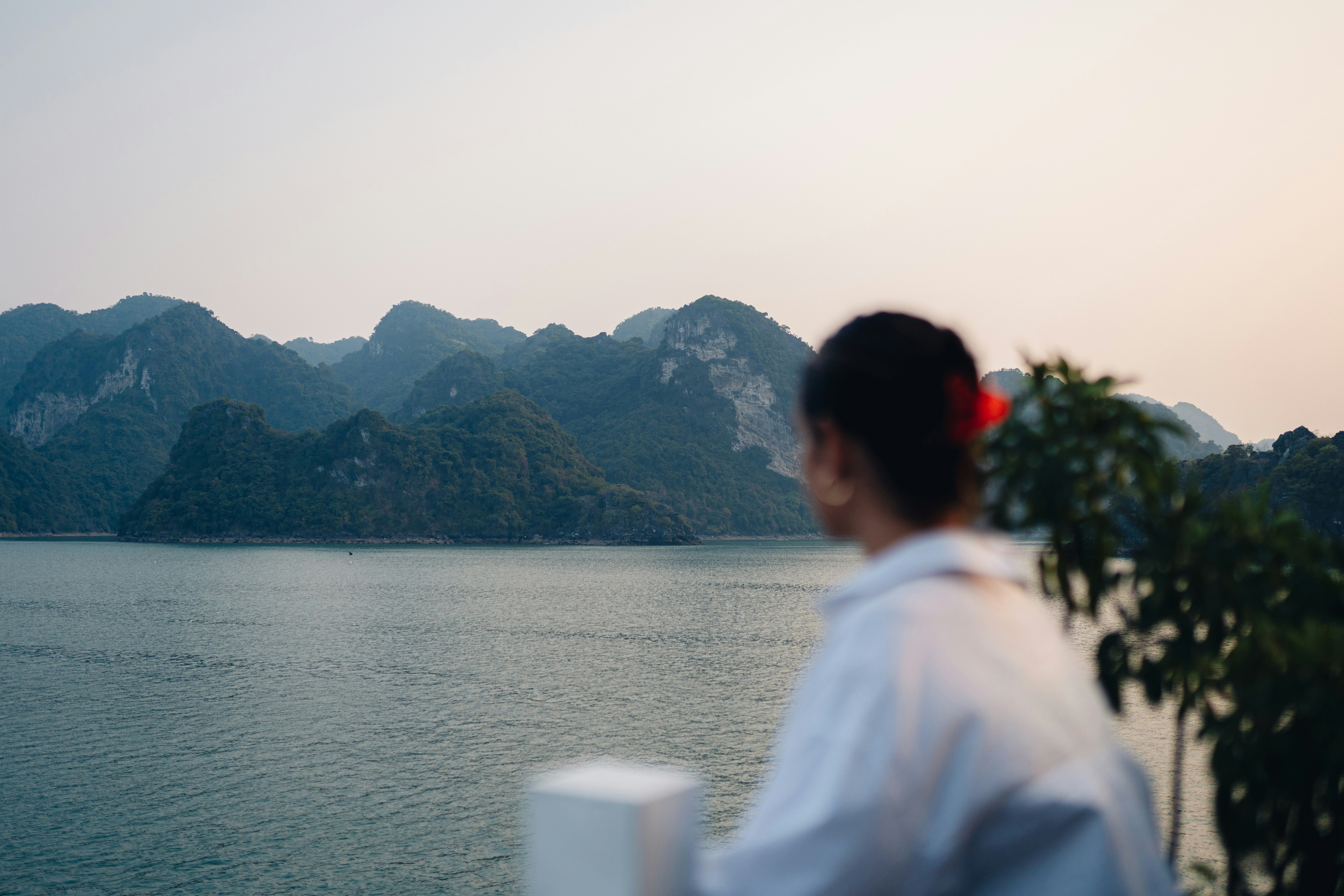 Person looks out over calm bay waters with hazy mountains at dusk.