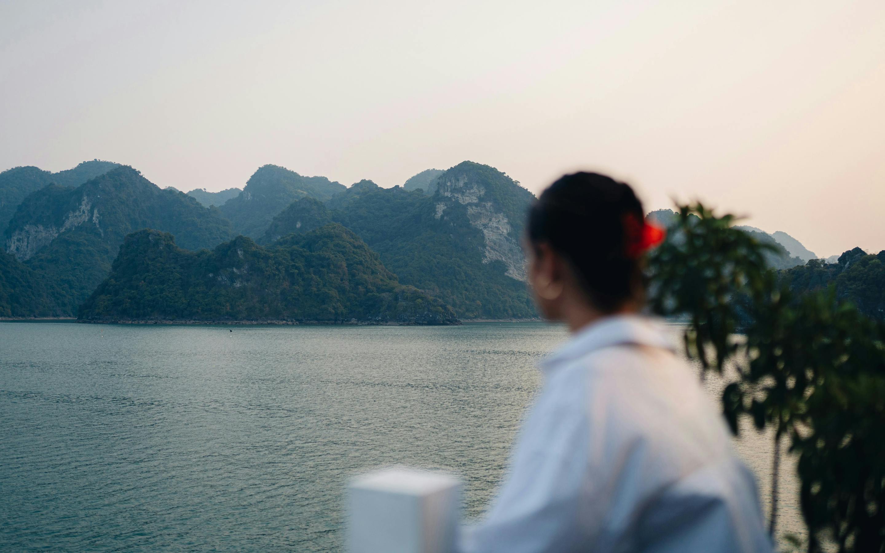 Person looks out over calm bay waters with hazy mountains at dusk.