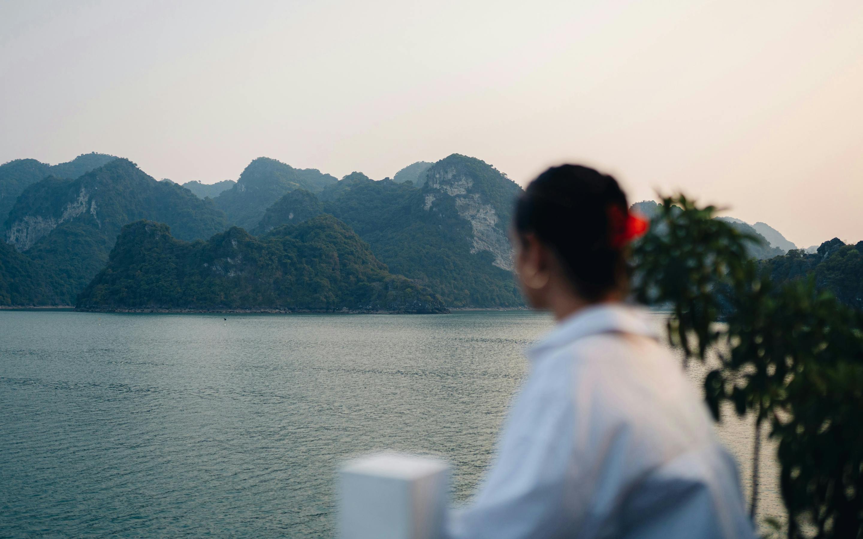 Person looks out over calm bay waters with hazy mountains at dusk.