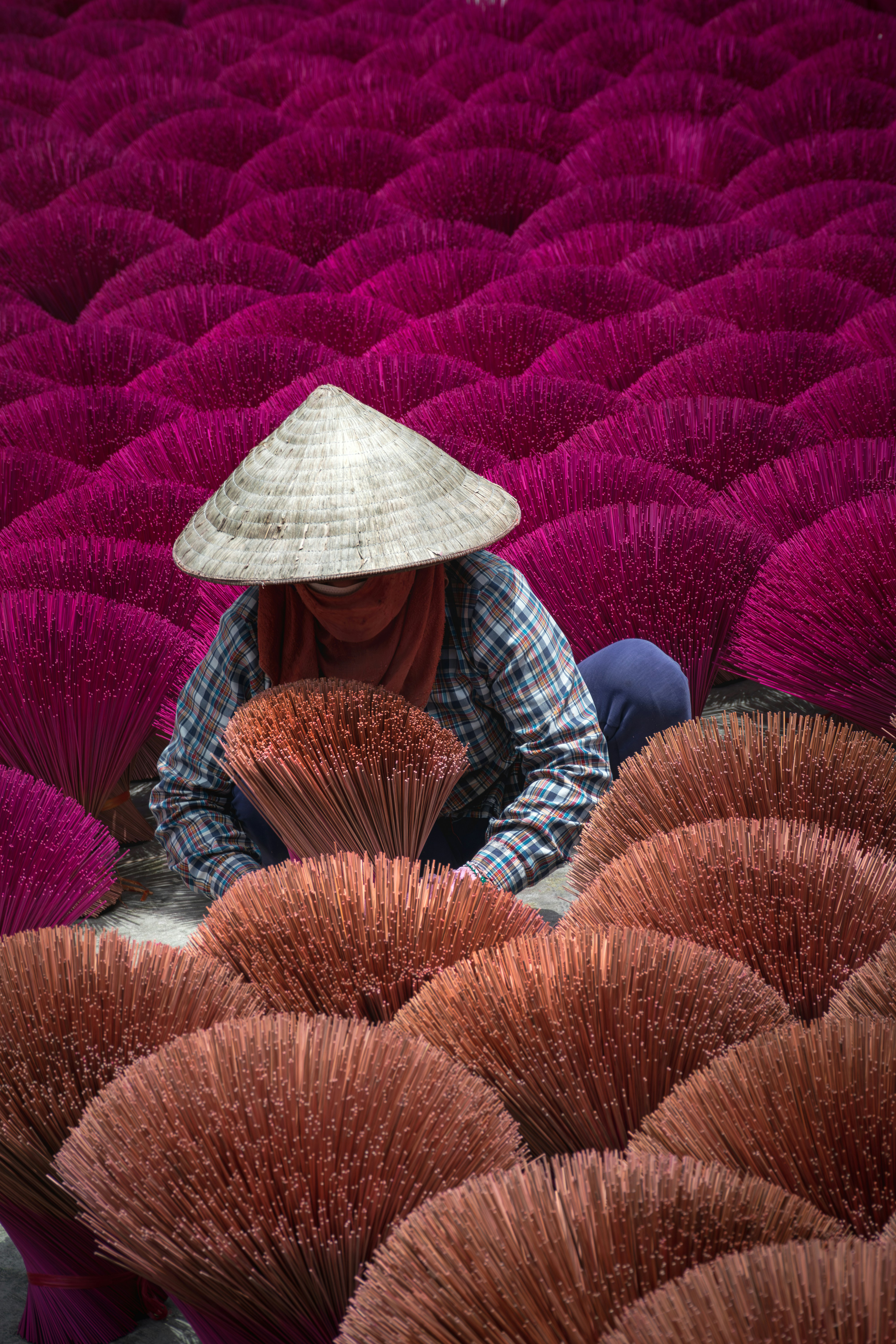 Person wearing a conical hat sits among rows of bright pink incense bundles.