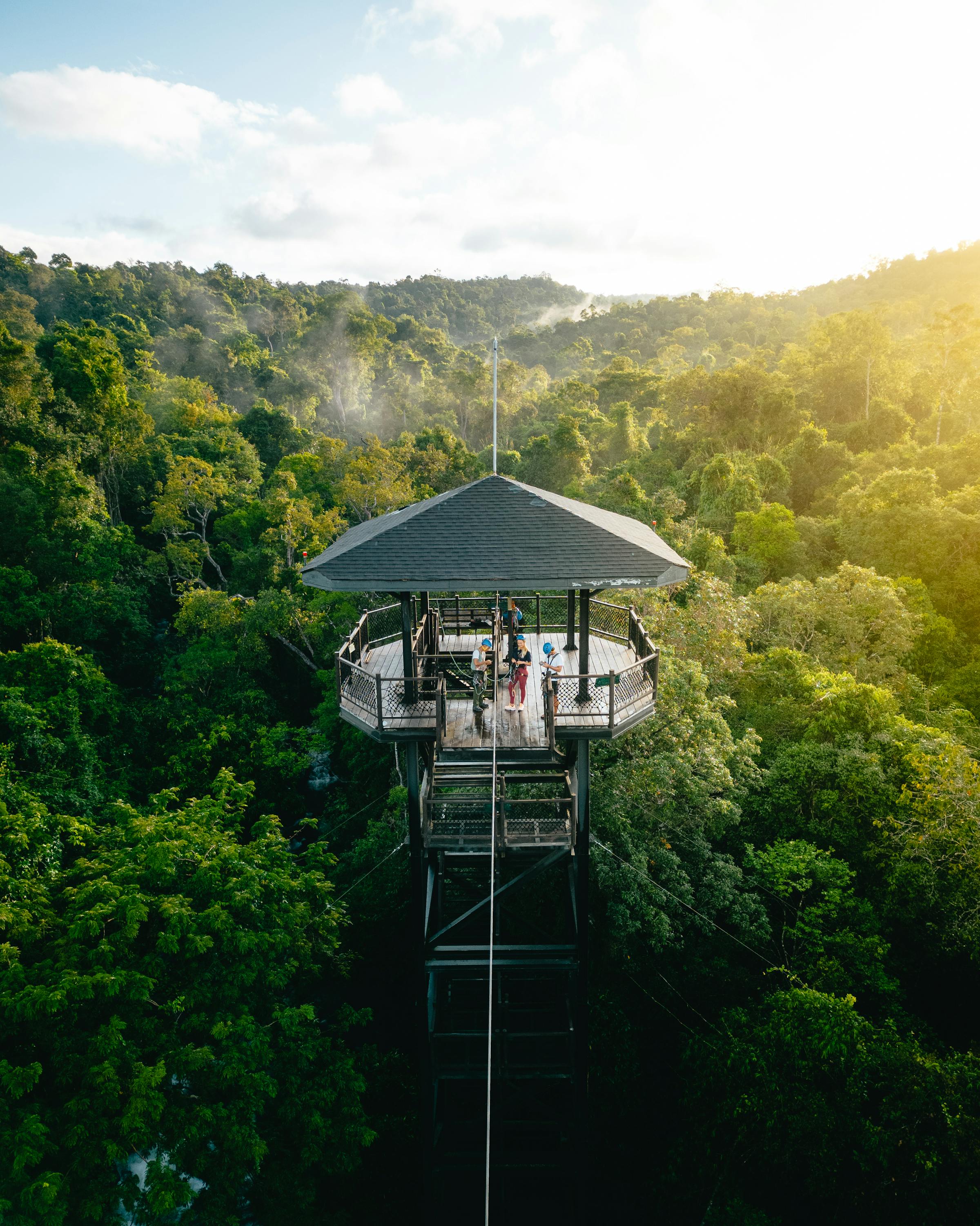 Raised lookout platform rises above dense forest with sunlight streaming through haze.