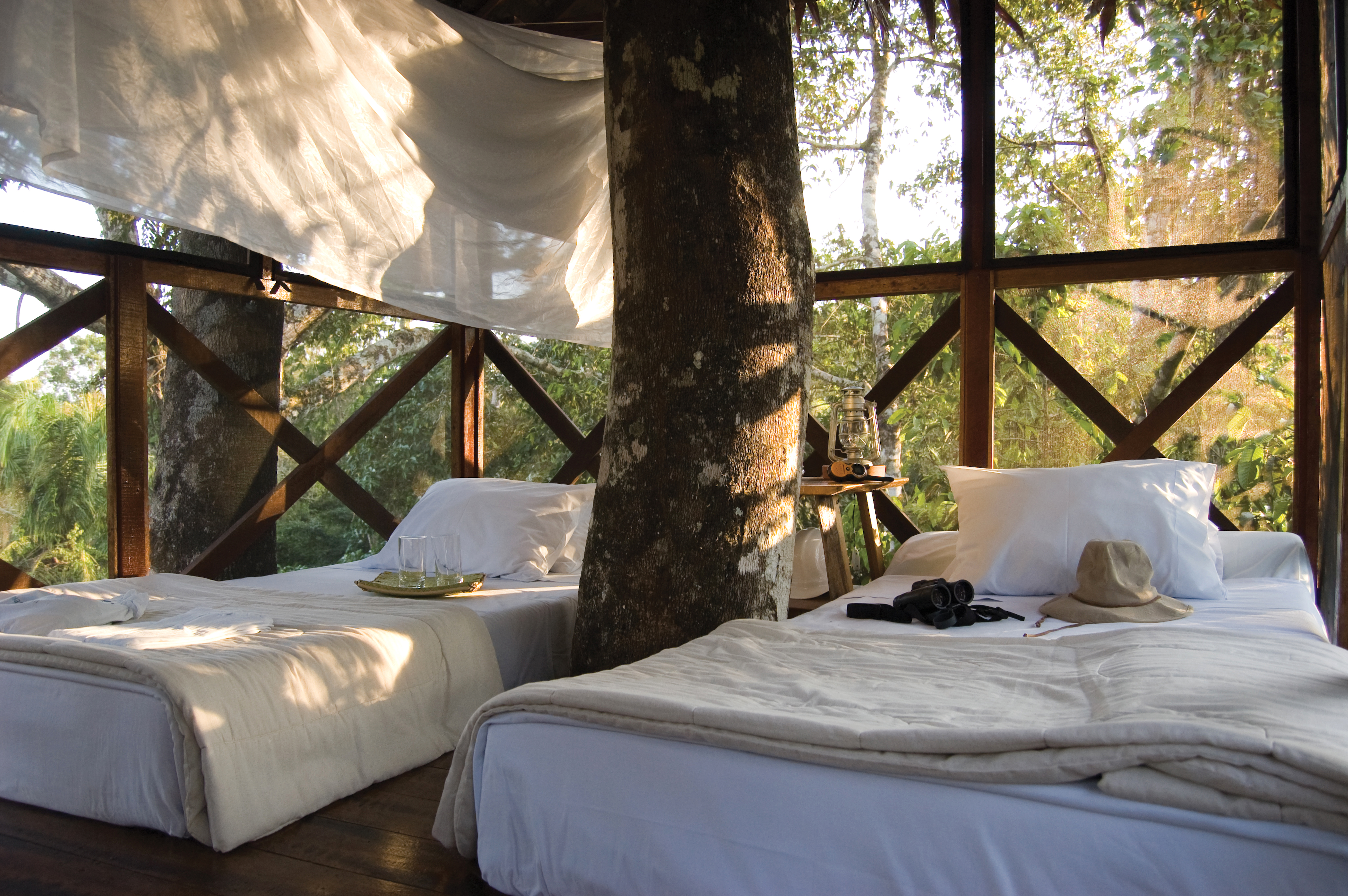 Open-air bedroom with two beds sits on a wooden platform surrounded by trees.