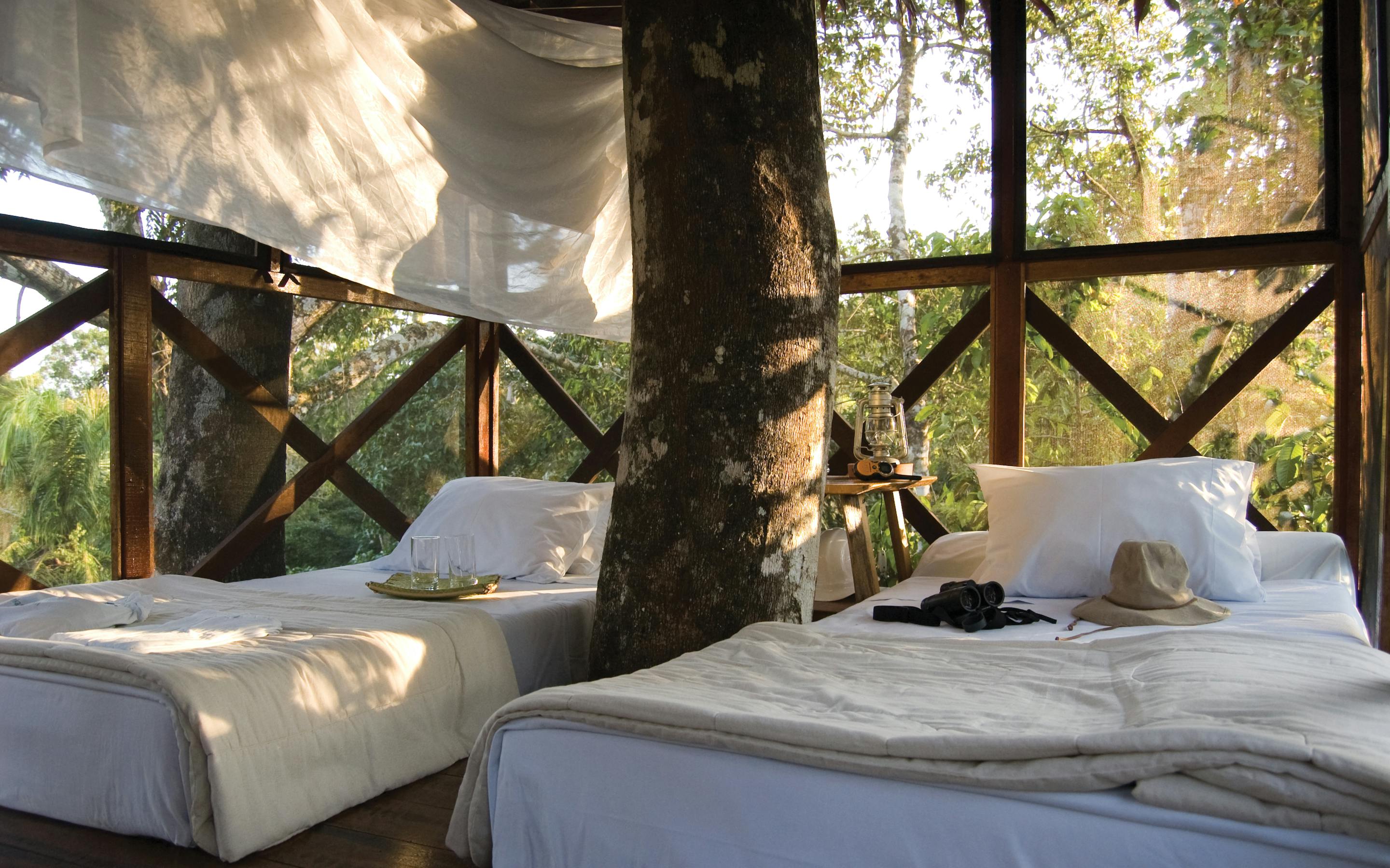 Open-air bedroom with two beds sits on a wooden platform surrounded by trees.