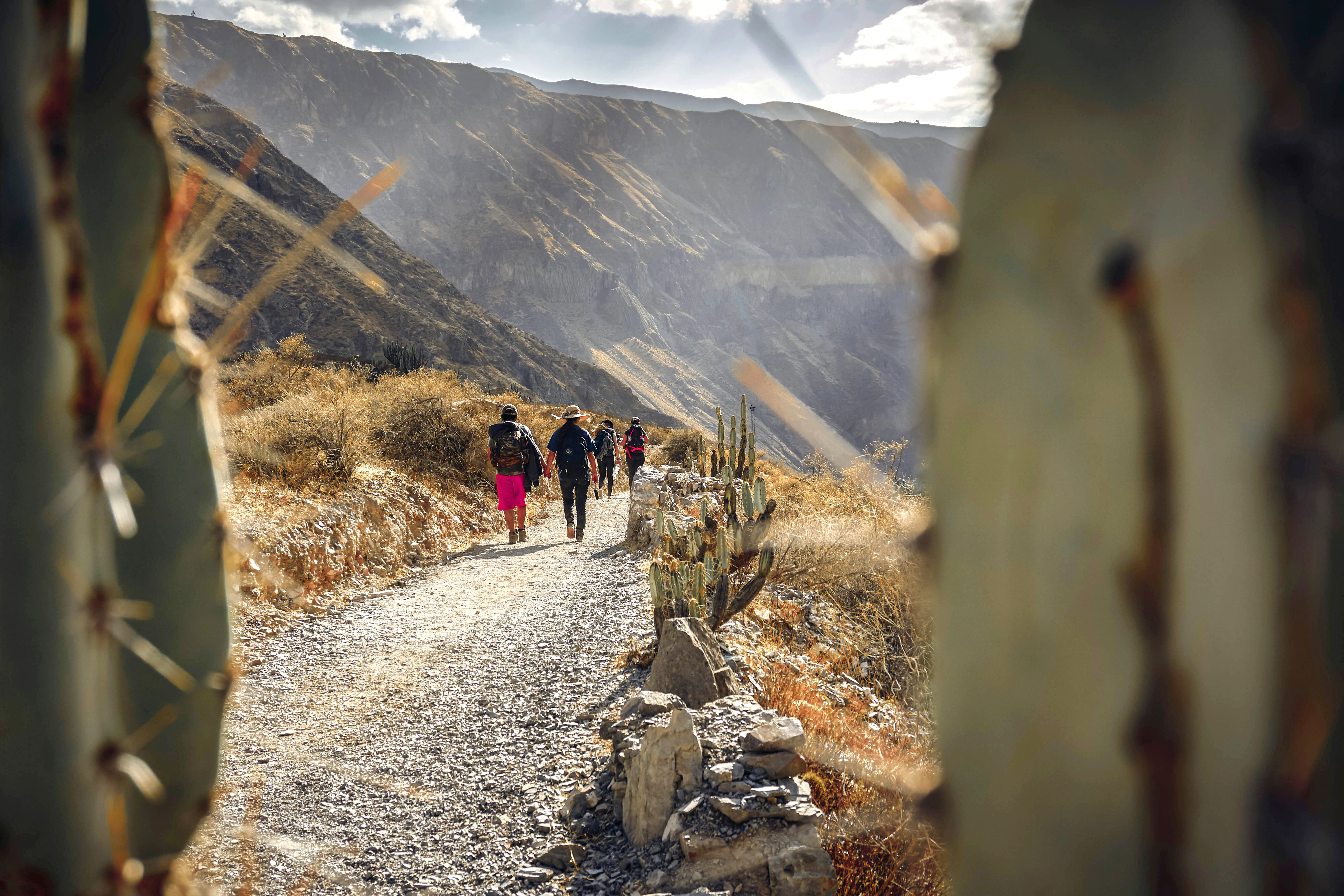 Hikers walk along a narrow mountain trail with steep slopes on both sides.