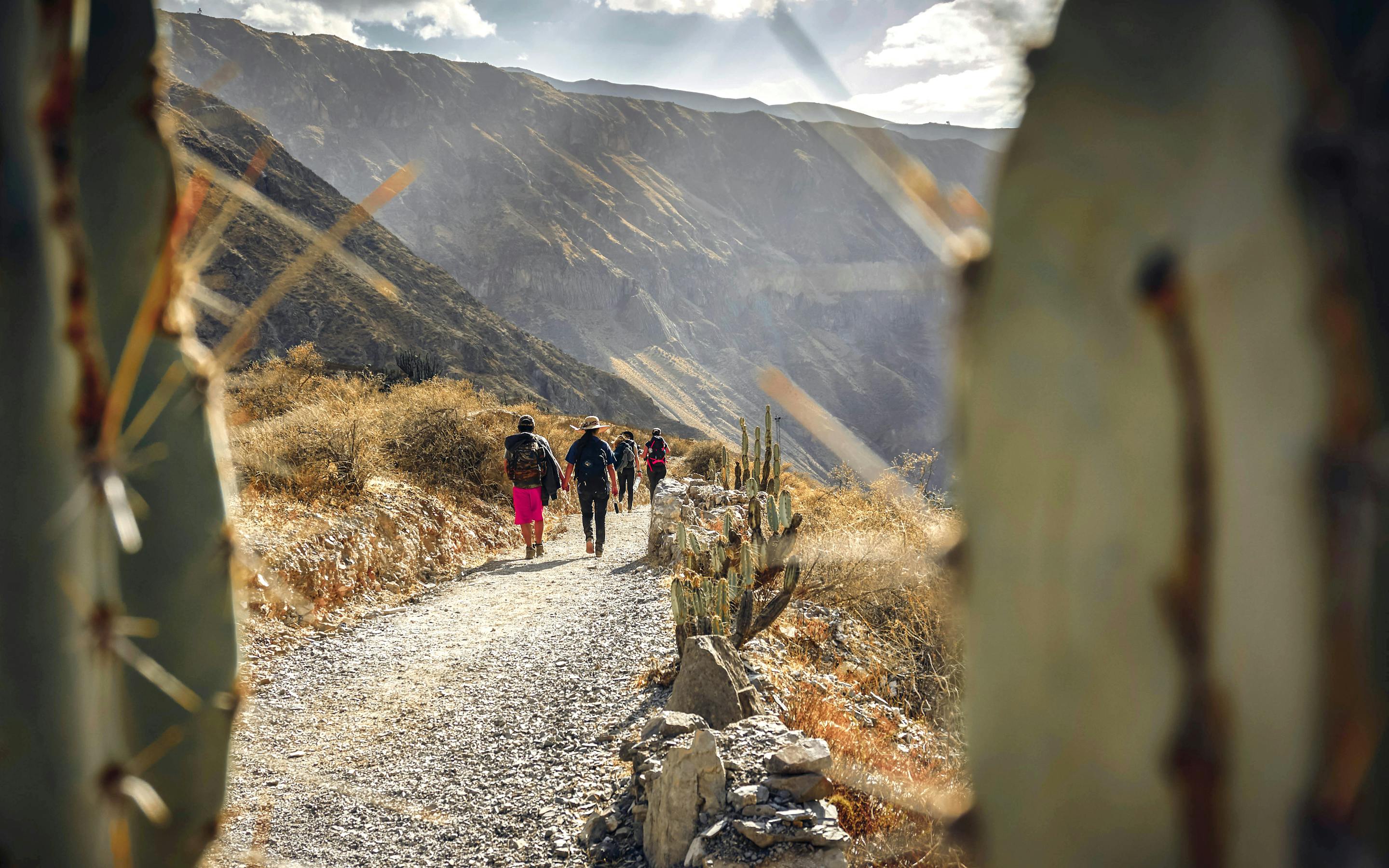 Hikers walk along a narrow mountain trail with steep slopes on both sides.