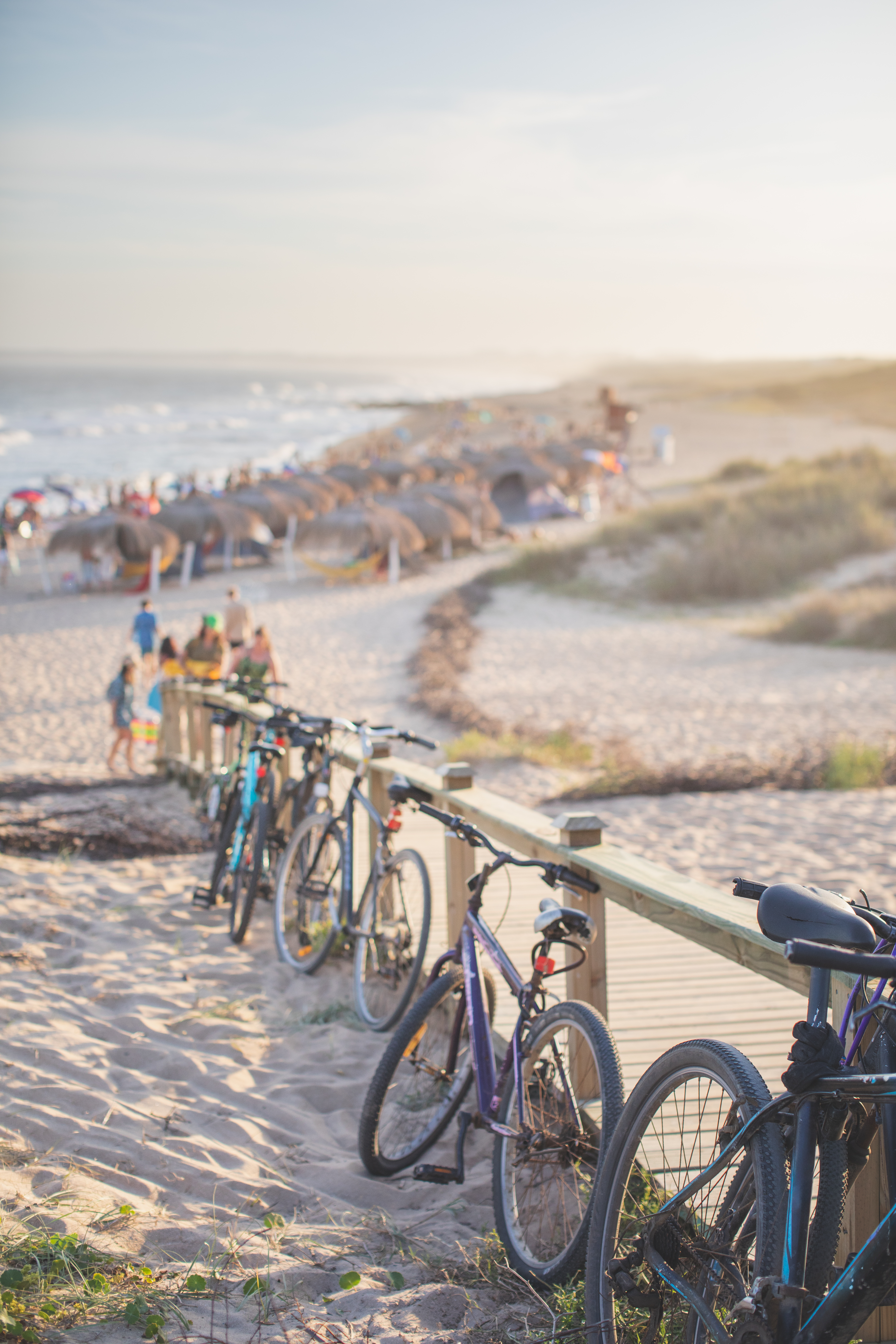 Bicycles line a sandy path overlooking a busy beach and ocean under hazy sunlight.