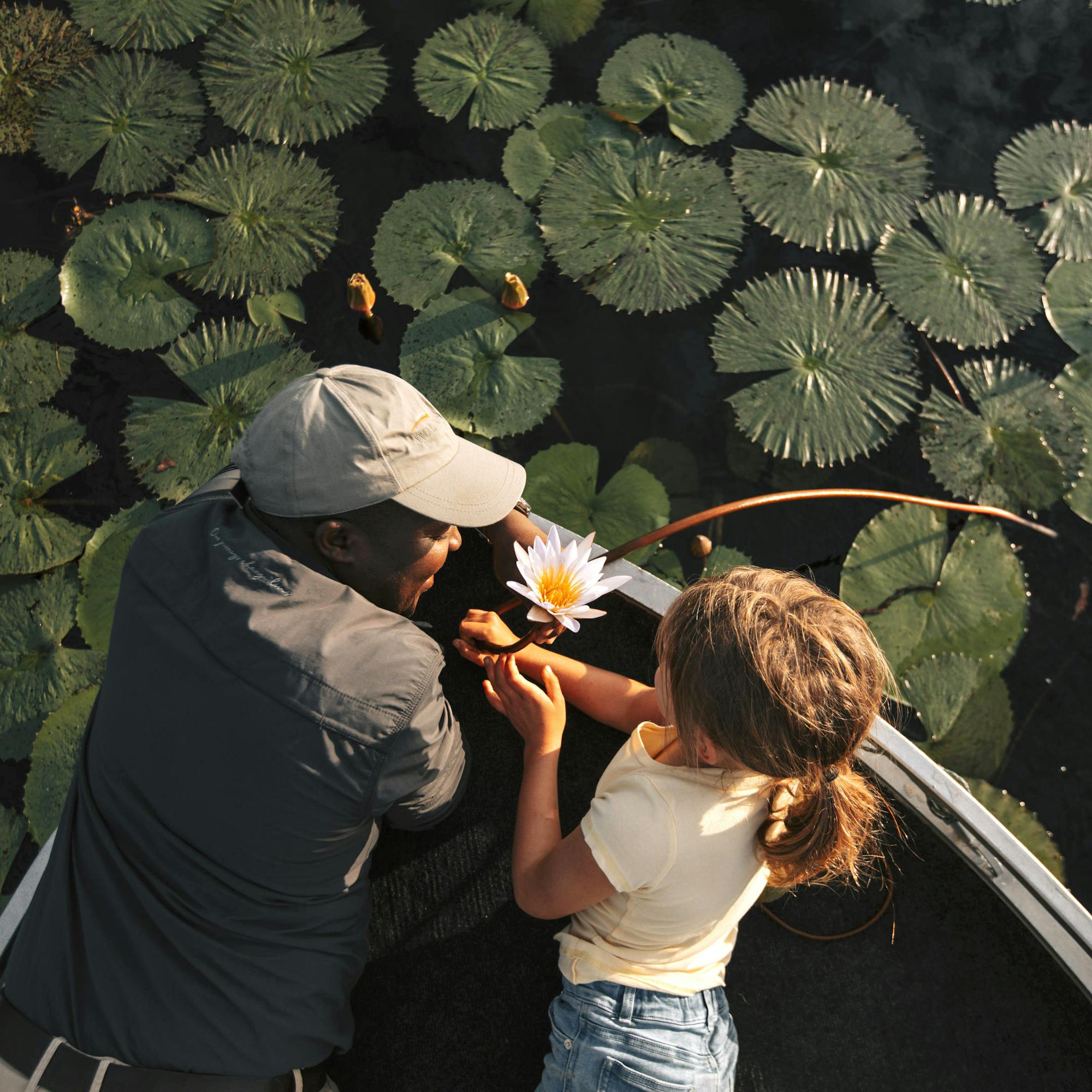 Two travelers ride in a small canoe through lily pads, reaching for water lilies on a calm, glassy wetland lagoon.