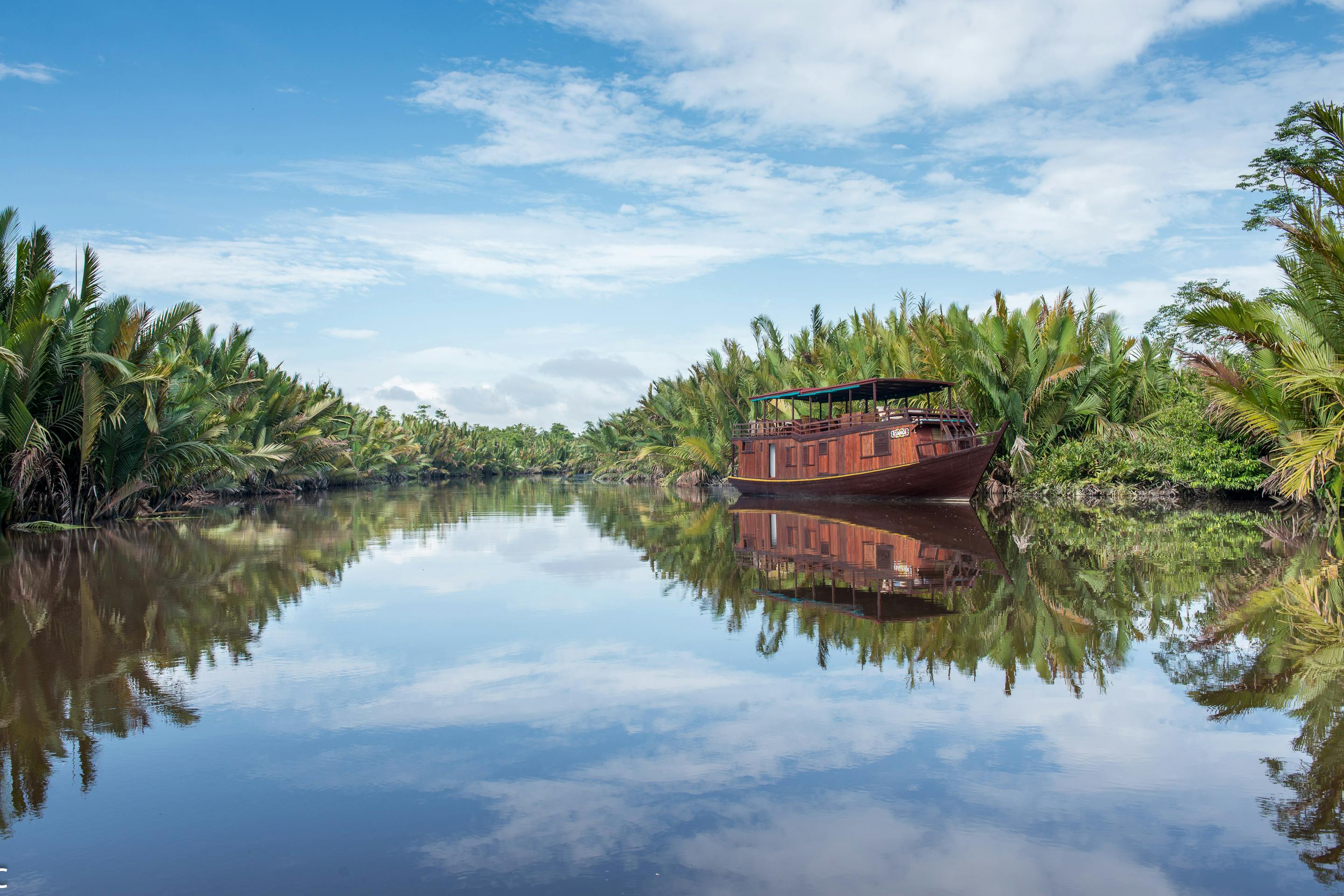 Wooden riverboat glides along a still river, with jungle trees reflected on the water in calm light under soft daylight.