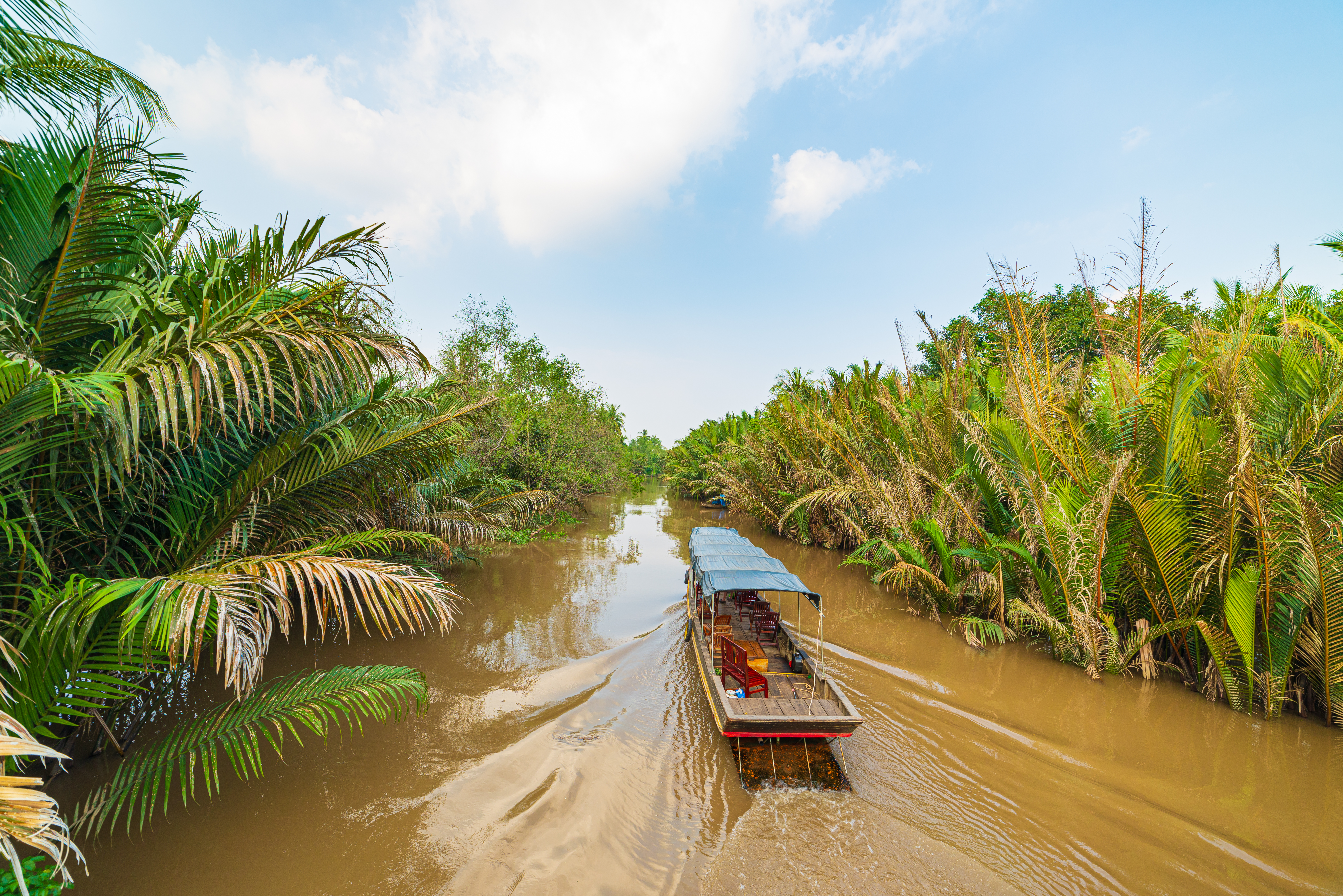 Longtail boat travels along a wide river lined with palms, with brown water and bright sky overhead under soft daylight.