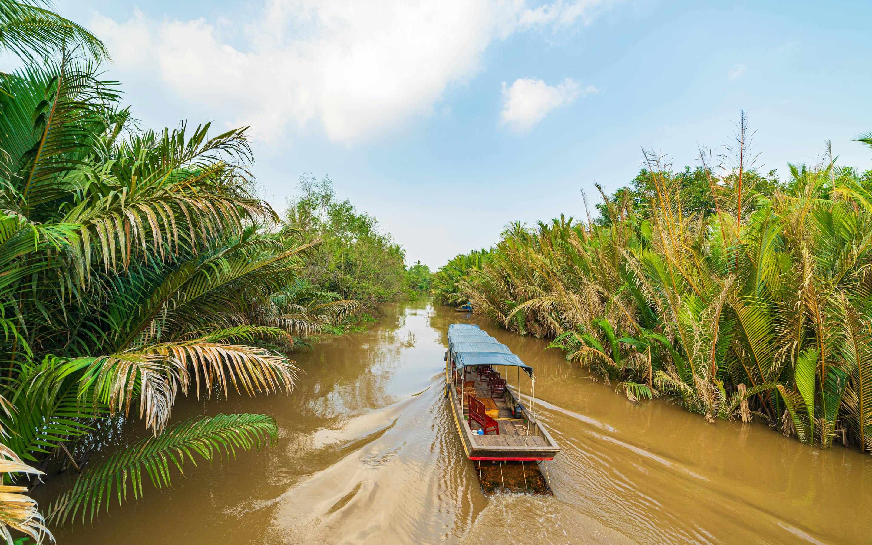 Longtail boat travels along a wide river lined with palms, with brown water and bright sky overhead under soft daylight.