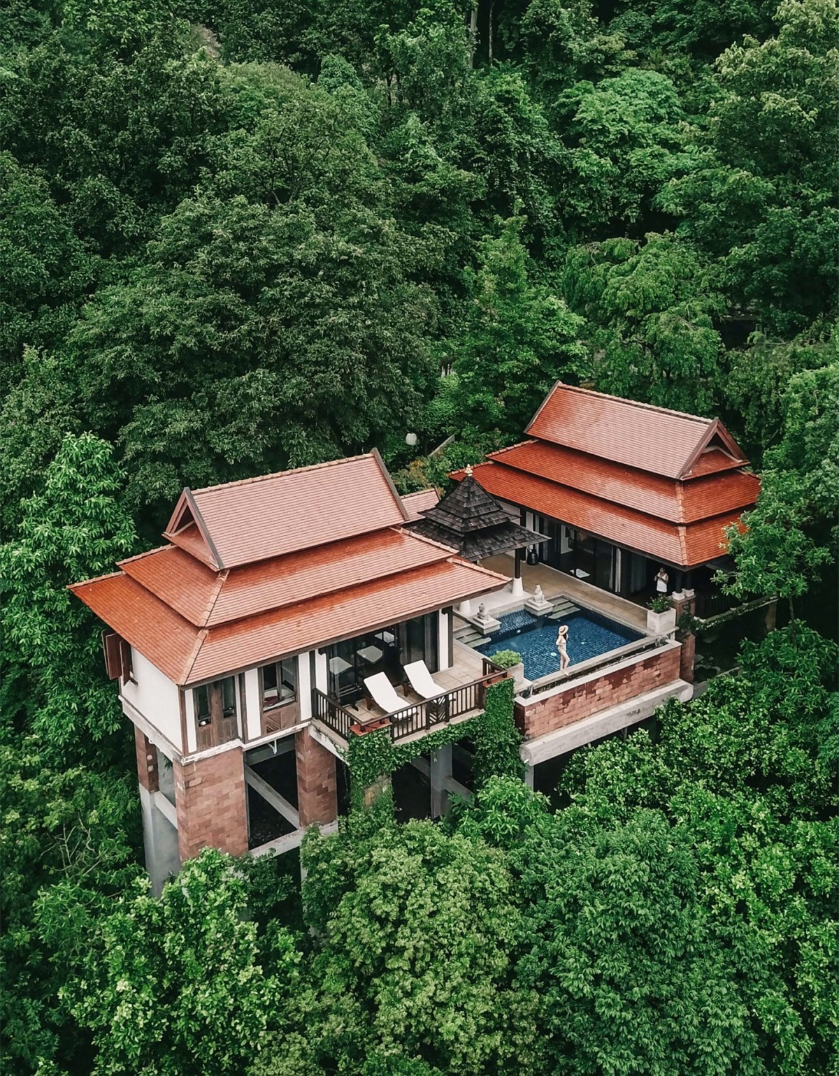 Thatched-roof villa and pool sit above a hillside, with forested slopes  under soft daylight.