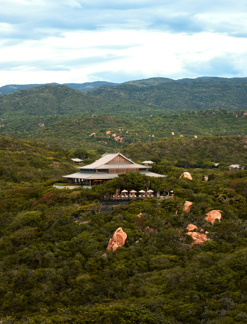 Resort buildings sit within dense green forest, with rooftops peeking above the canopy in soft haze under soft daylight.