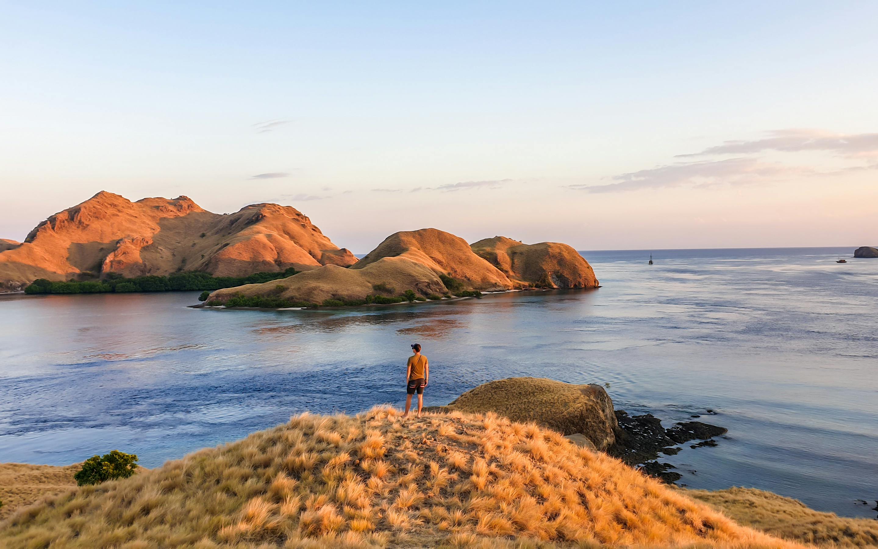 Person stands on a rocky headland overlooking a wide bay, with cliffs and blue water below the horizon under warm morning light.