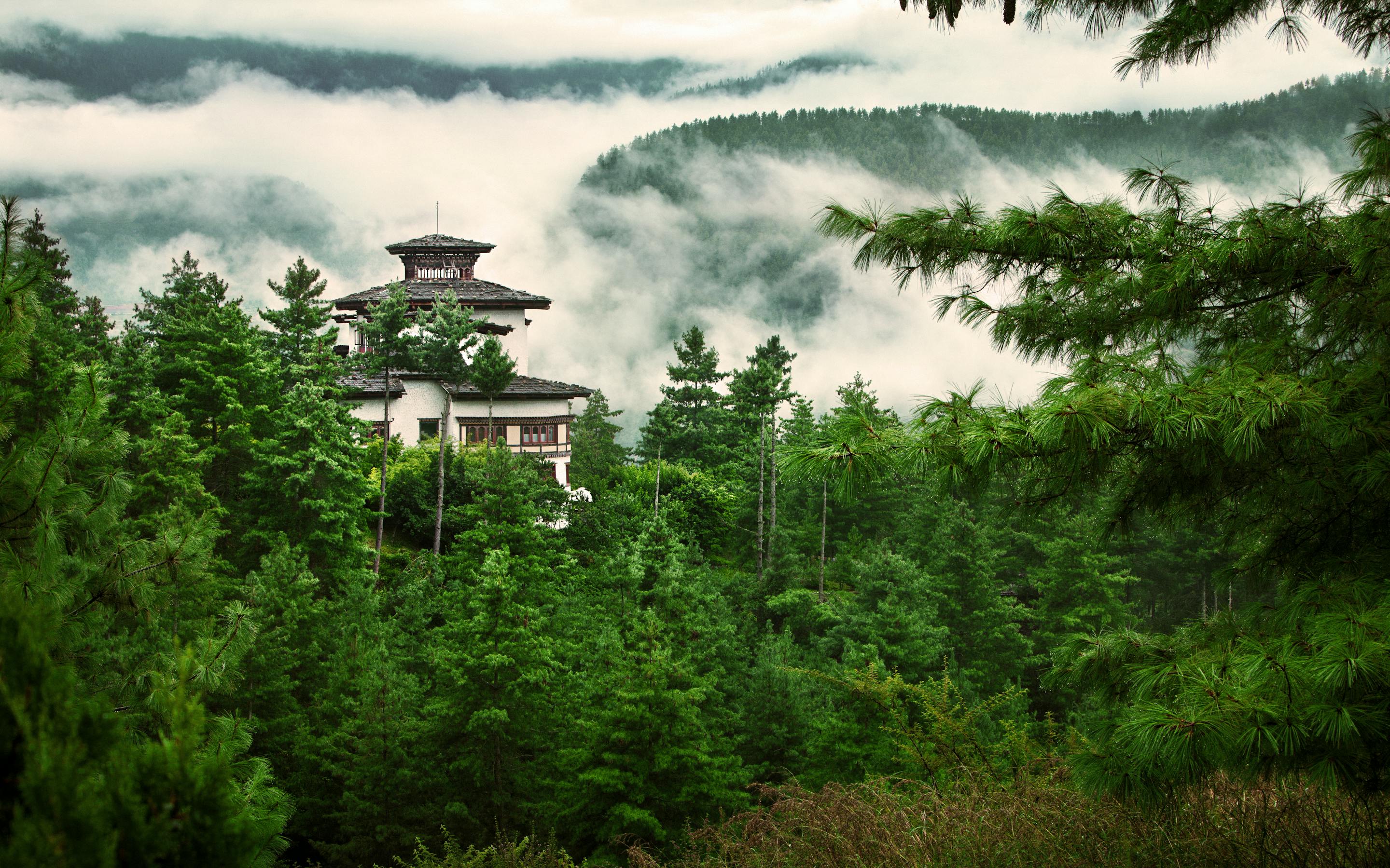 A hillside lodge peeks through dense green forest, with layers of mist and clouds drifting over the mountains behind.