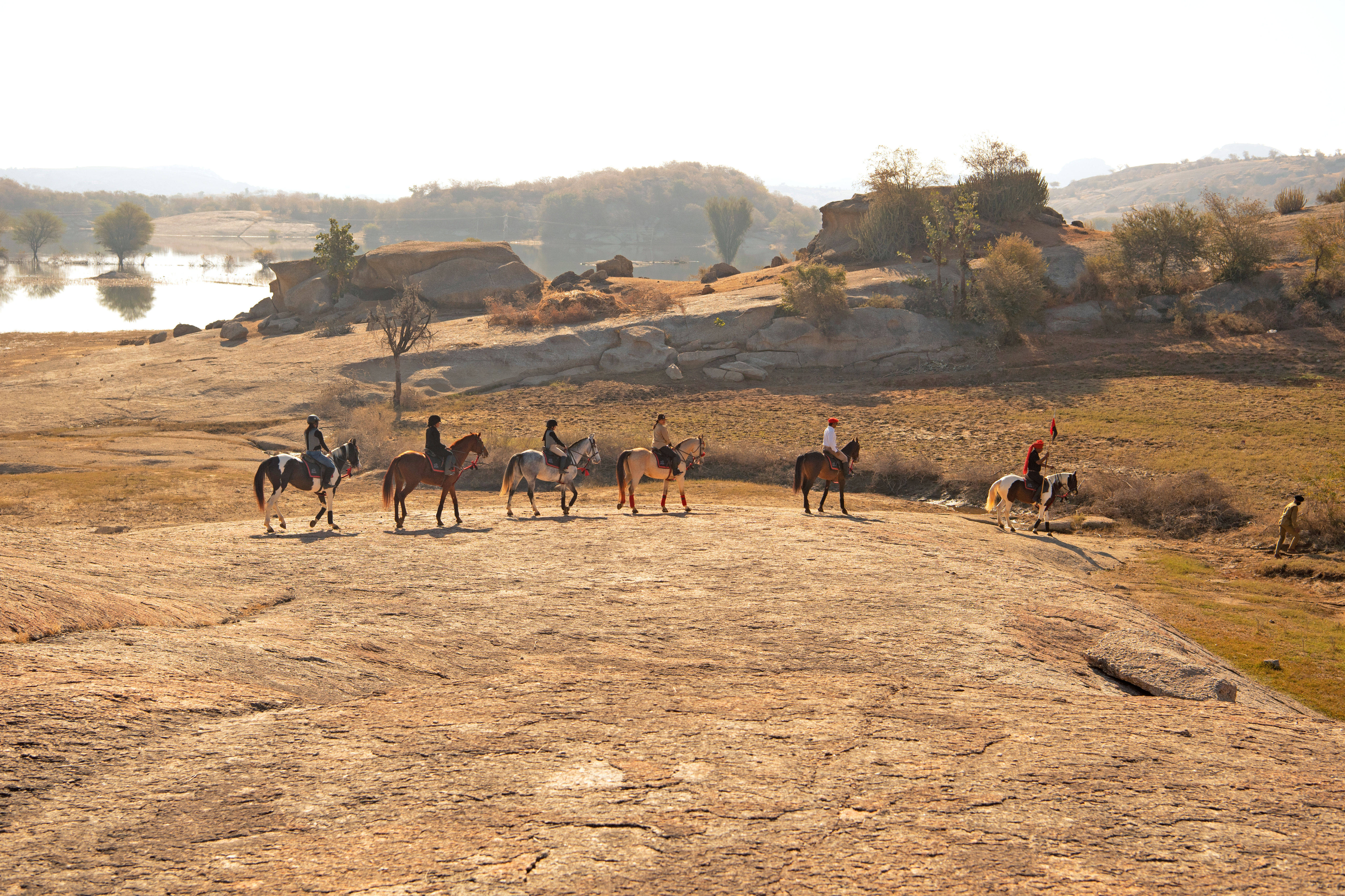 A line of horses with riders crosses a rocky desert plain, with long shadows and a hazy horizon in the distance.