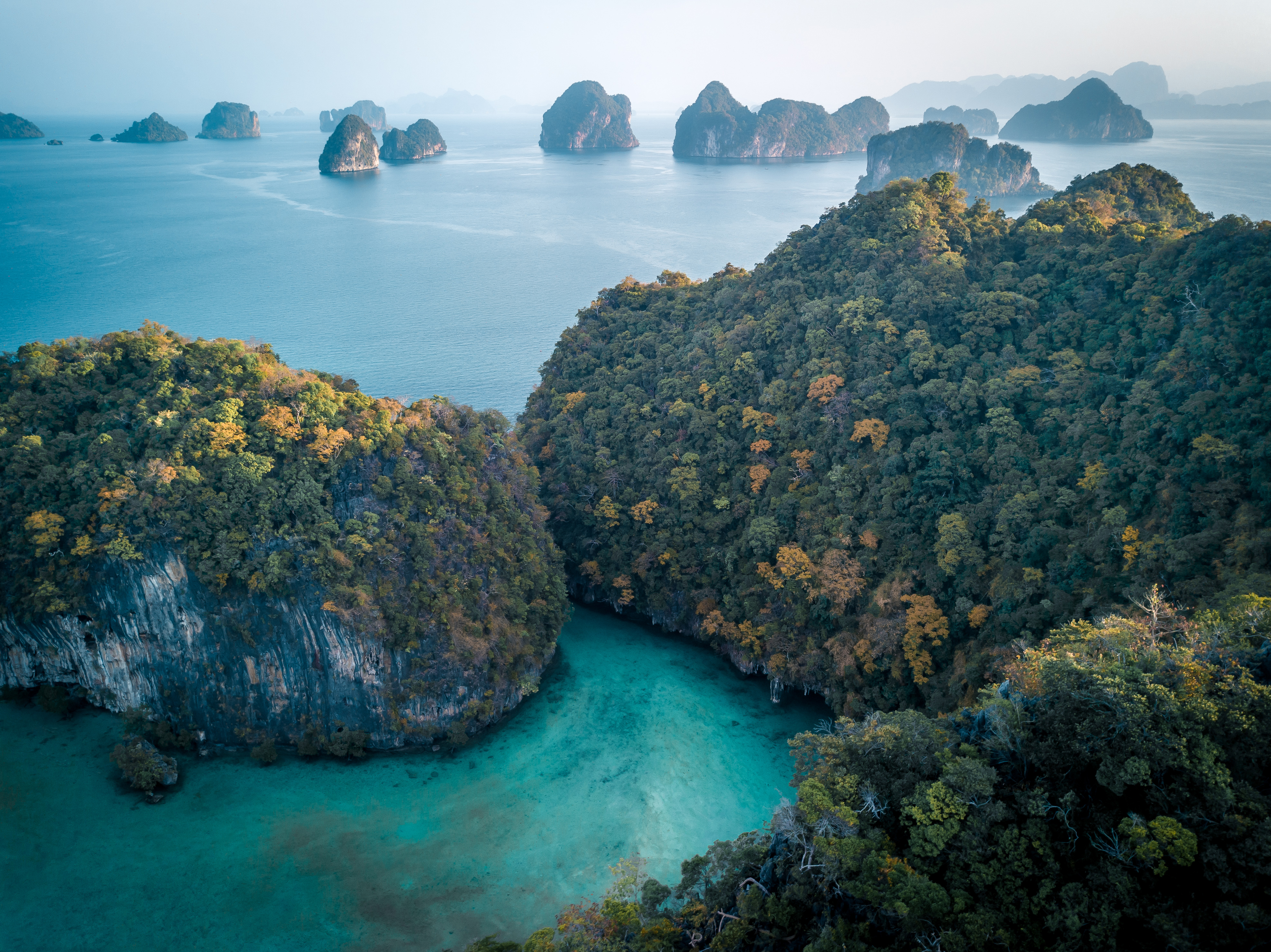Aerial view of turquoise bay dotted with limestone islands, with forested cliffs and sandy coves below under soft daylight.