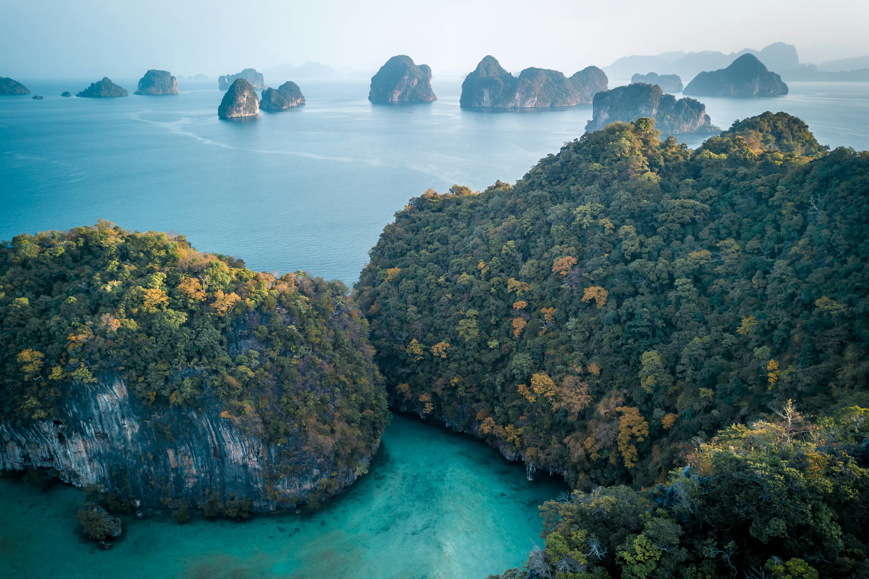 Aerial view of turquoise bay dotted with limestone islands, with forested cliffs and sandy coves below under soft daylight.