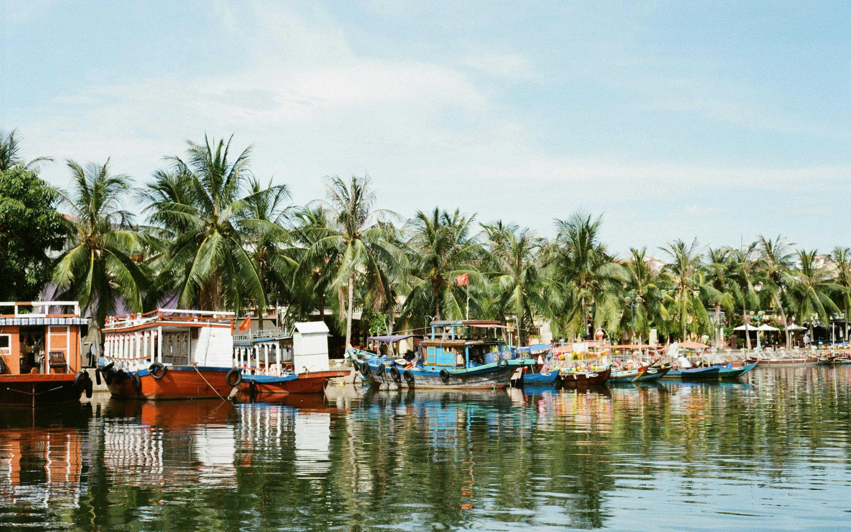 Boats rest along a calm river bordered by palm trees, with reflections on the water under a pale sky under soft daylight.