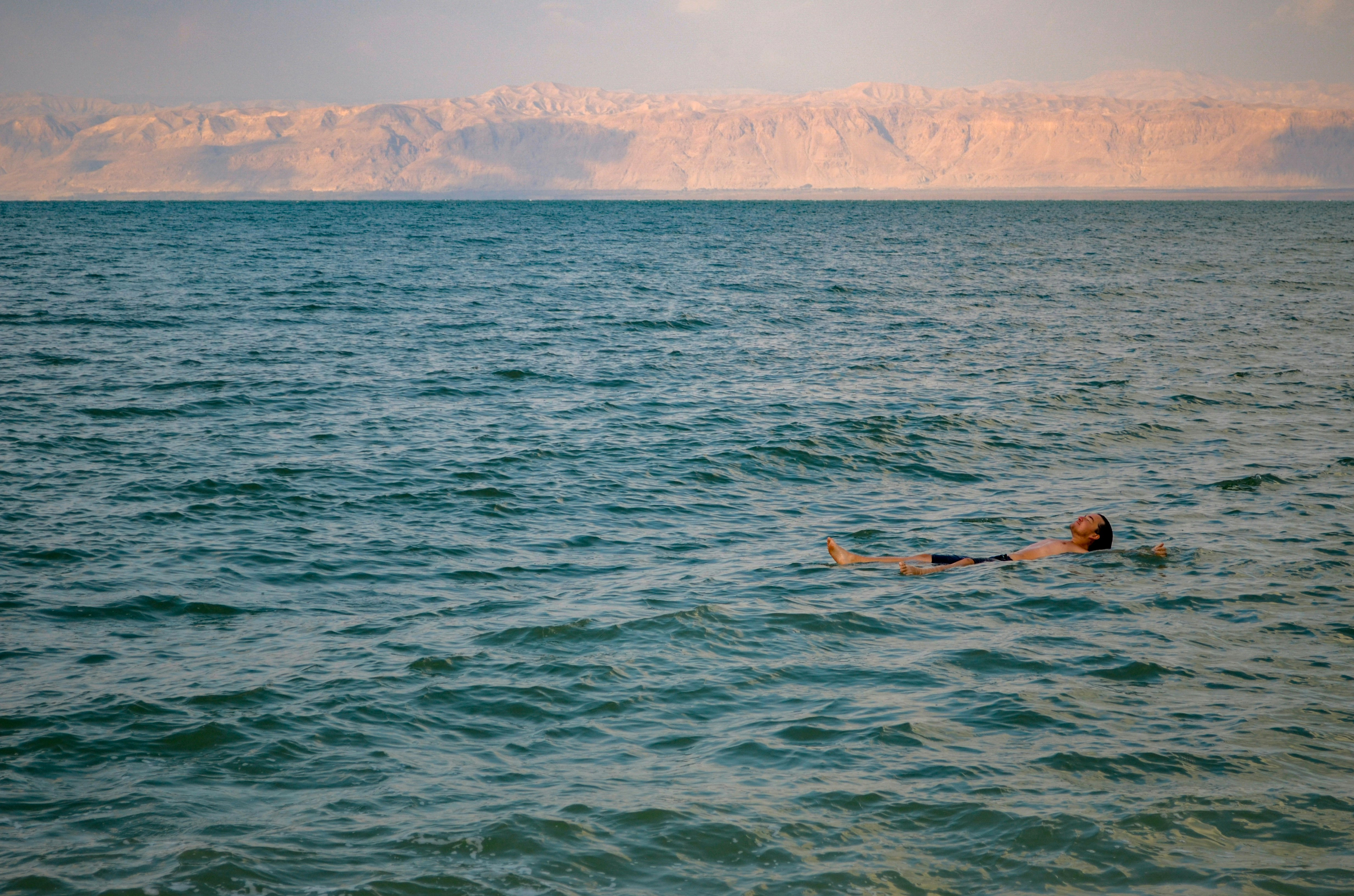 Single swimmer floats in open water with rippling waves, with a distant shoreline and hazy horizon under pale sky.