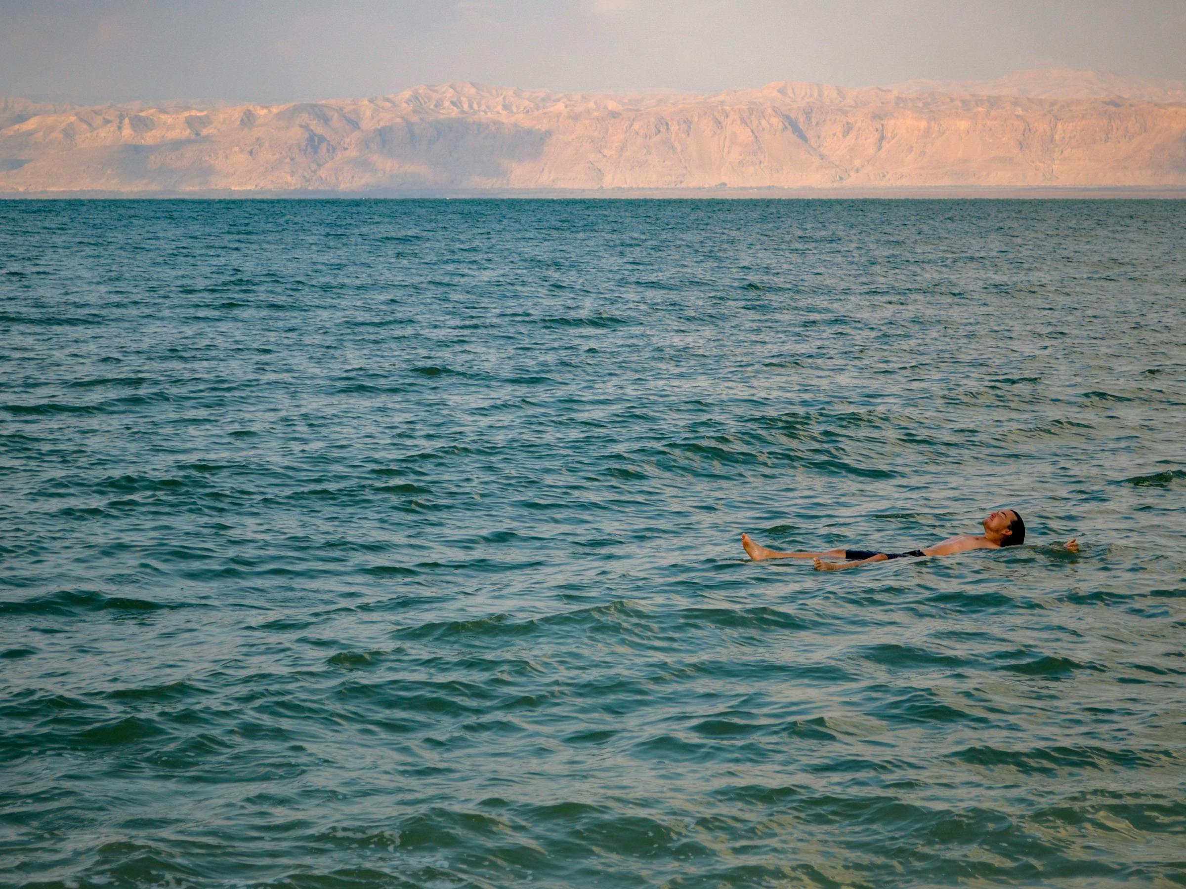 Single swimmer floats in open water with rippling waves, with a distant shoreline and hazy horizon under pale sky.