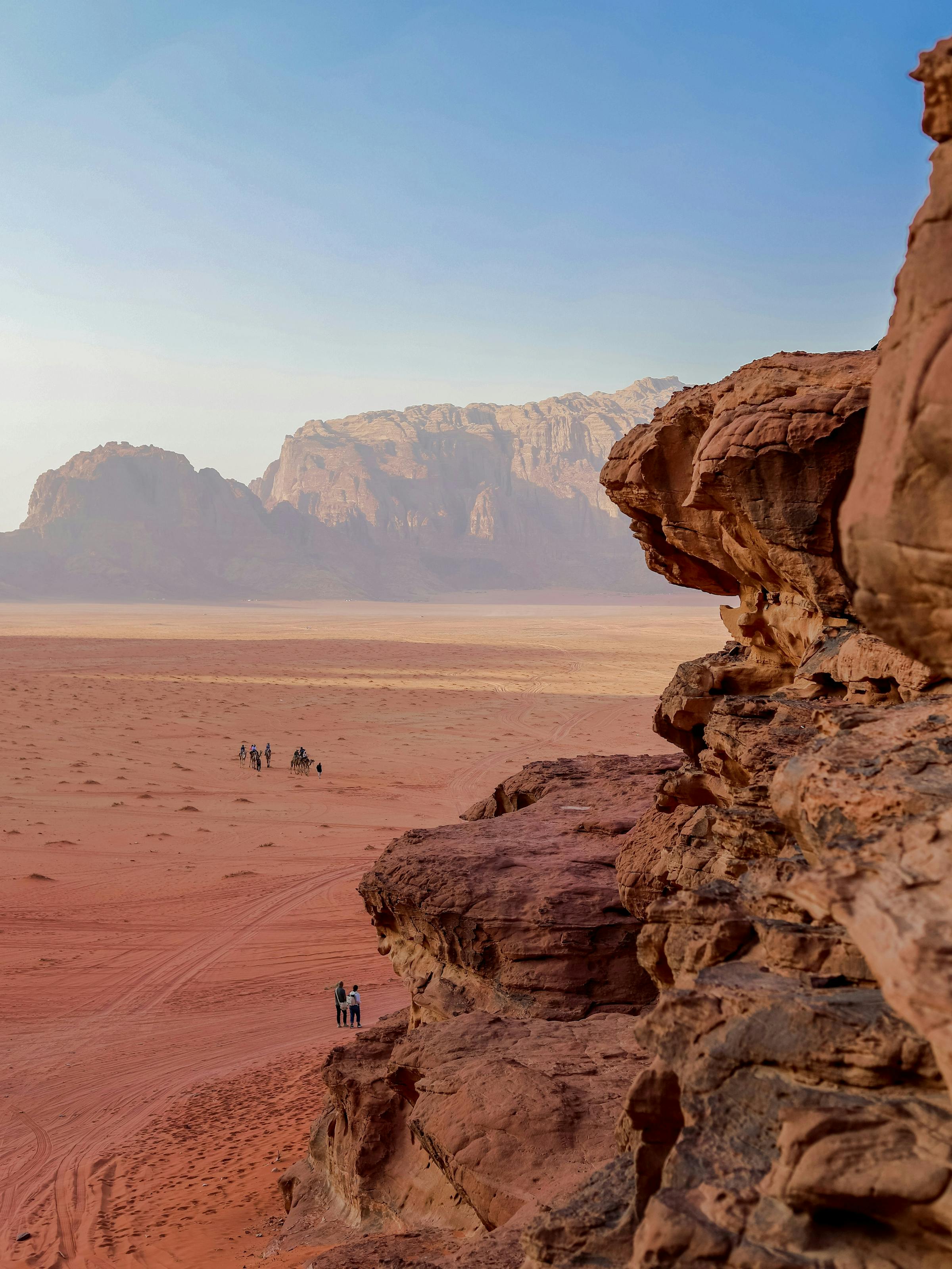 Wind-carved sandstone cliffs overlook a red desert basin, with layered rock shapes under clear morning sky.