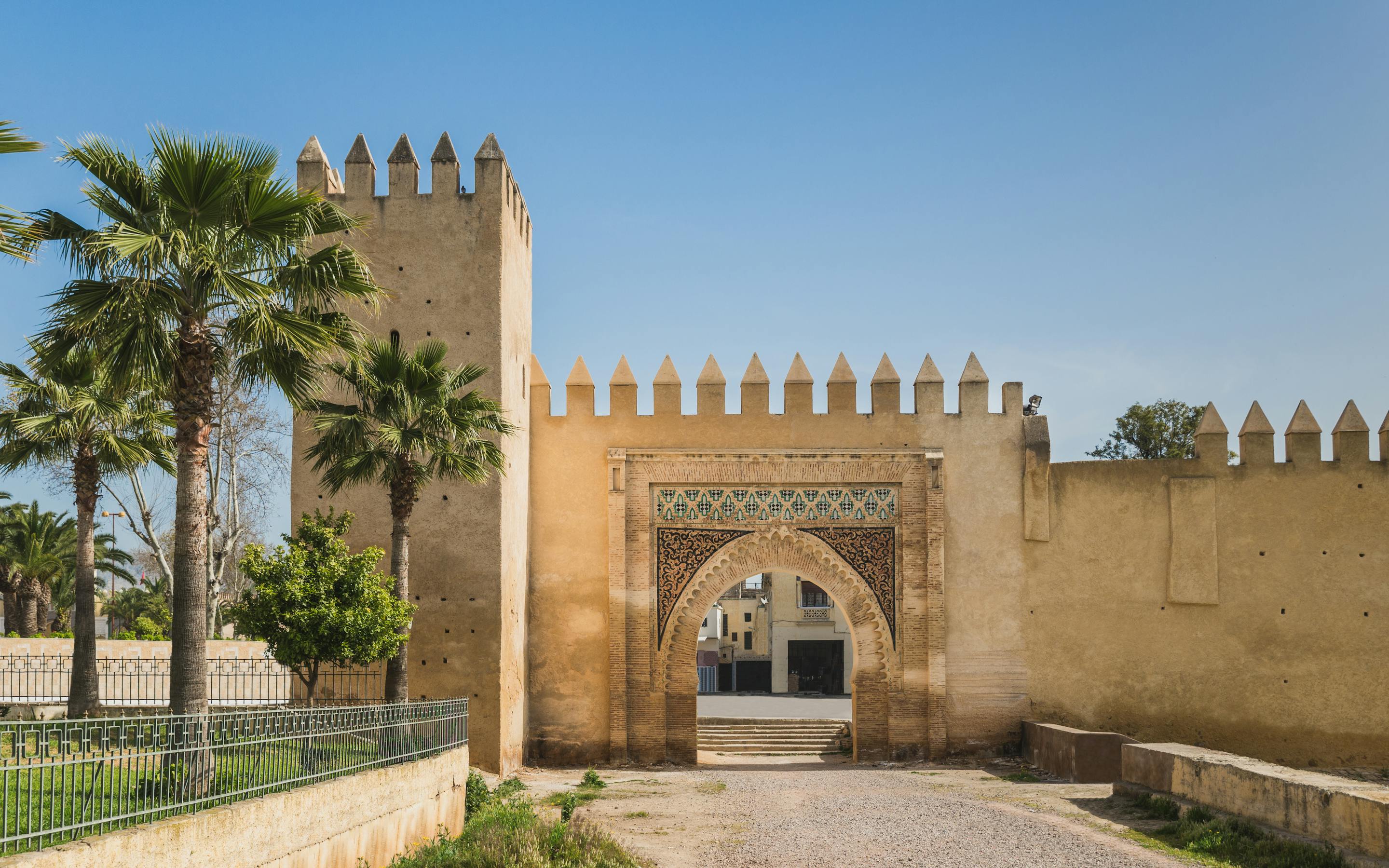 Sand-colored fortress wall with an arched gate and palm trees under a clear sky.