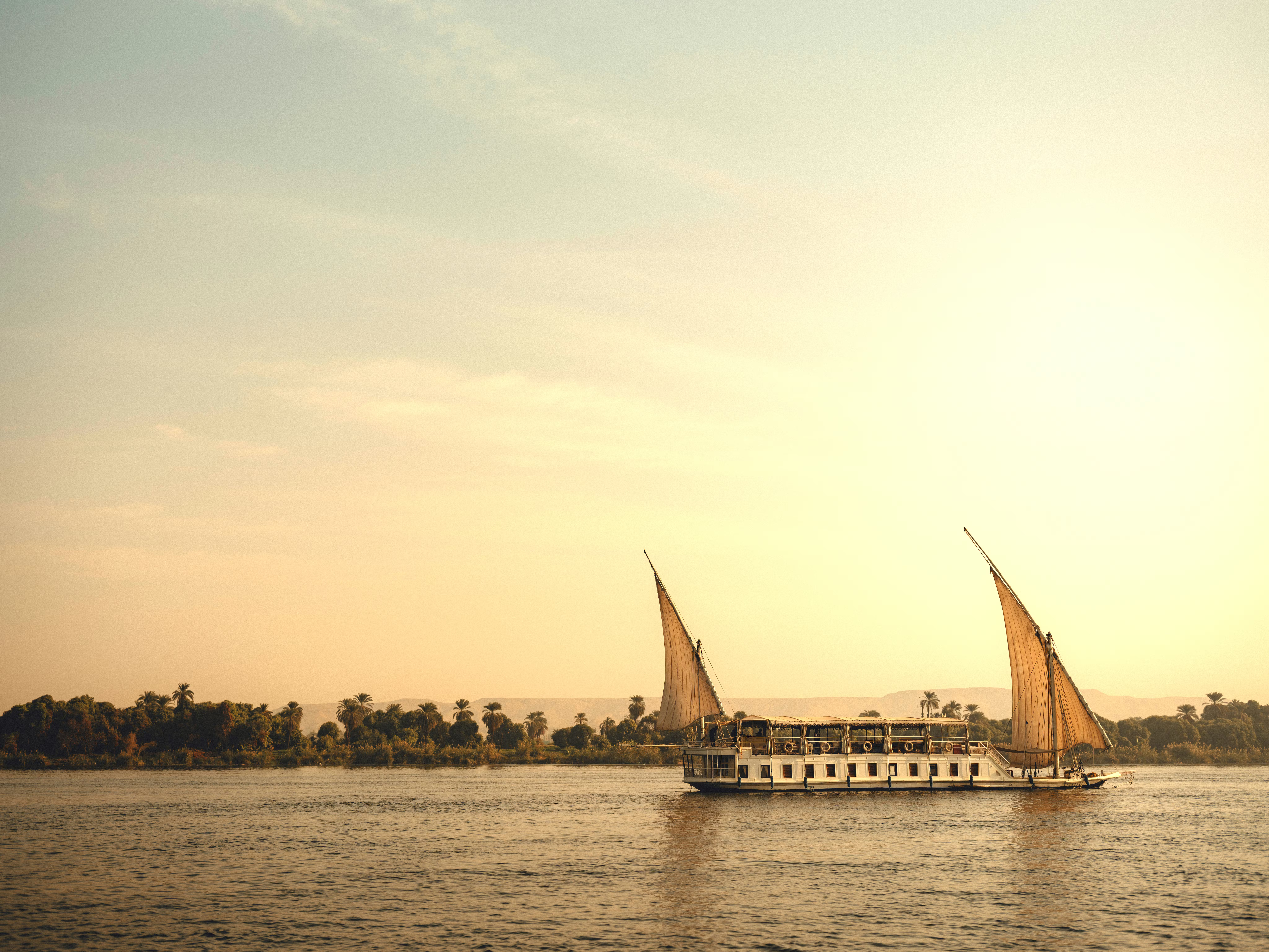 Sailboat with two white sails on a river at sunset with a palm-lined shore.
