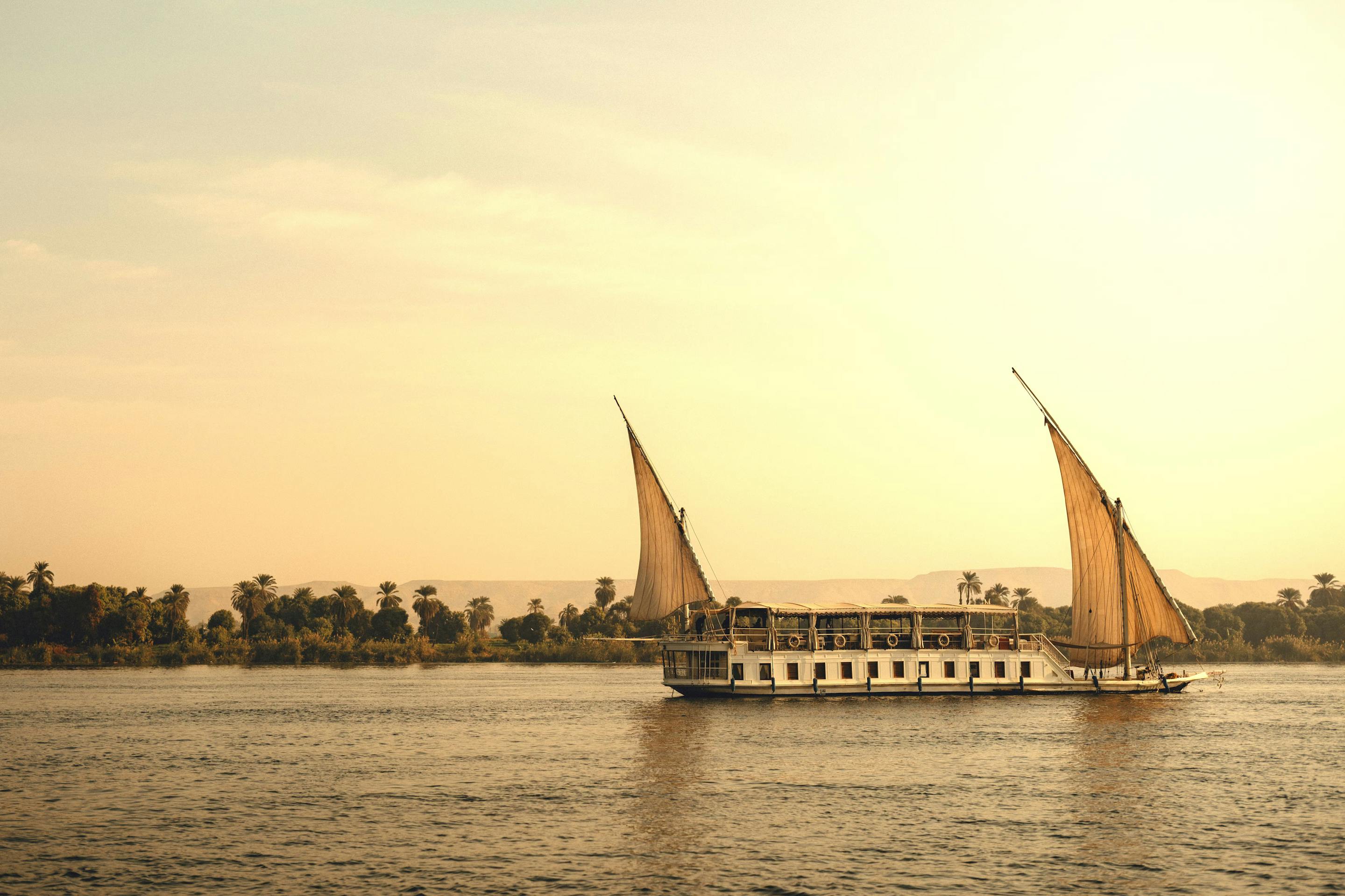 Sailboat with two white sails on a river at sunset with a palm-lined shore.