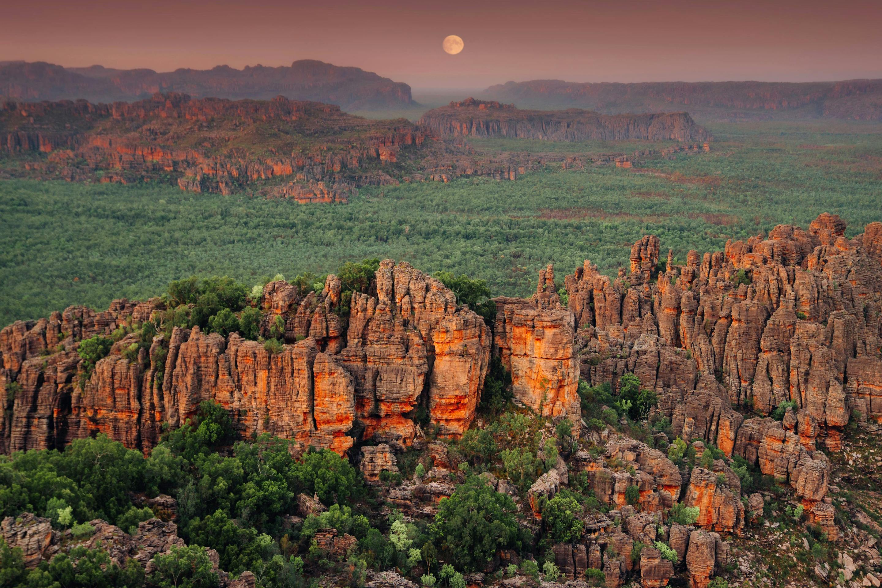 Red sandstone escarpment rises above green woodland at dusk, with a full moon hanging over distant ridges.