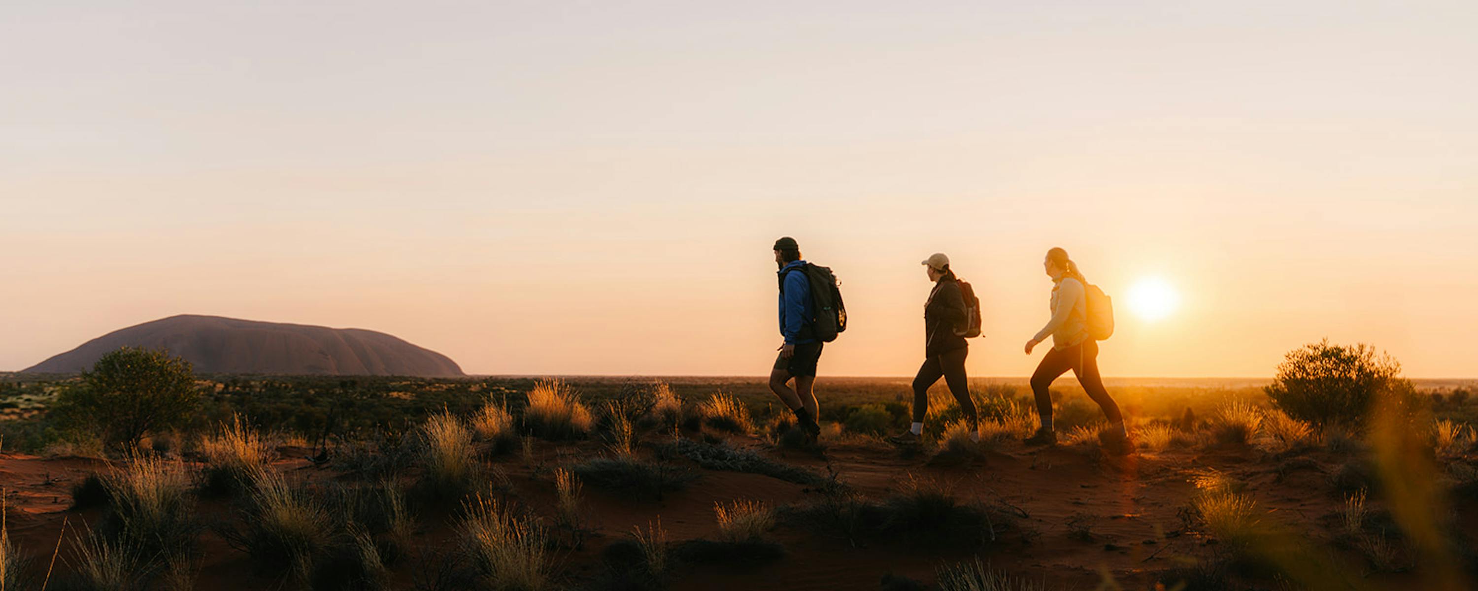 Silhouetted hikers climb a sandy ridge at sunset, with a deep orange sky and low desert shrubs below them.