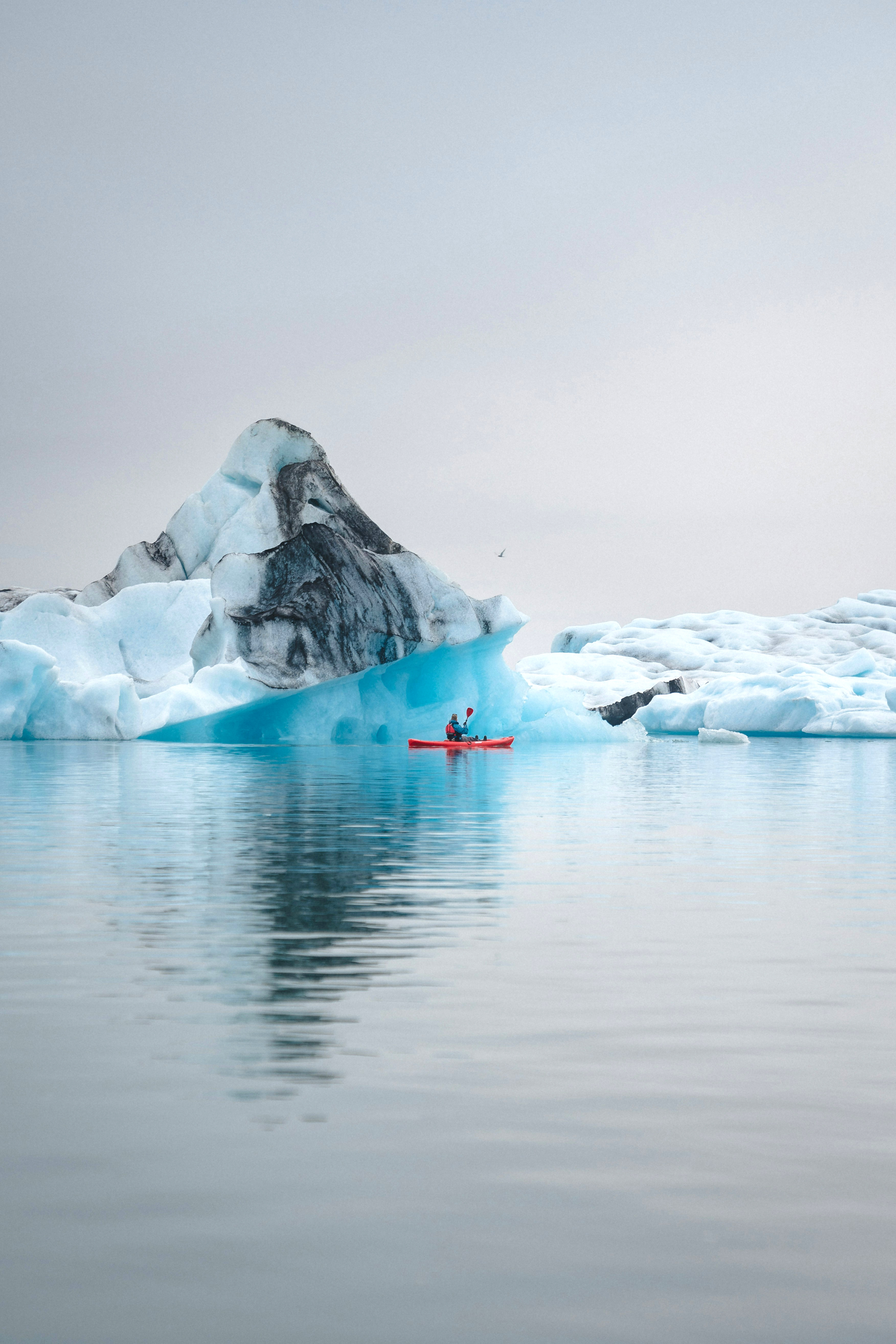 Towering icebergs rise from calm water beneath a cloudy Antarctic sky, with distant mountains on the horizon.