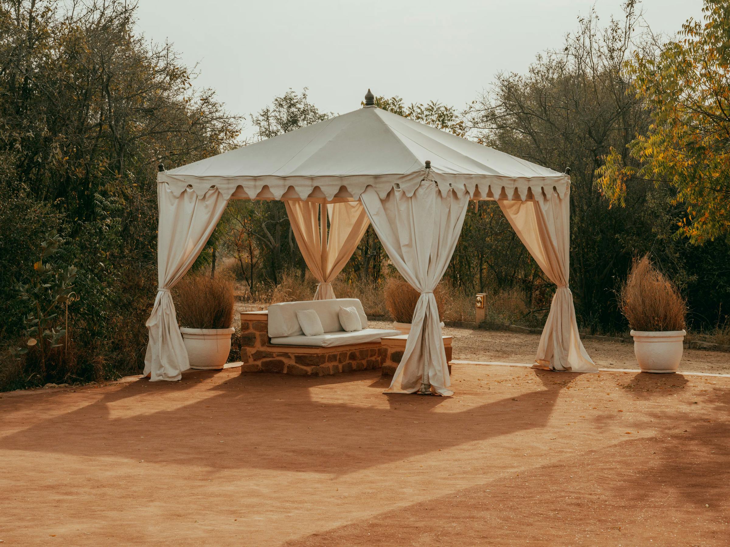 White canopy daybed on a sandy patio, framed by trees and a low bench in warm late-afternoon light outdoors.
