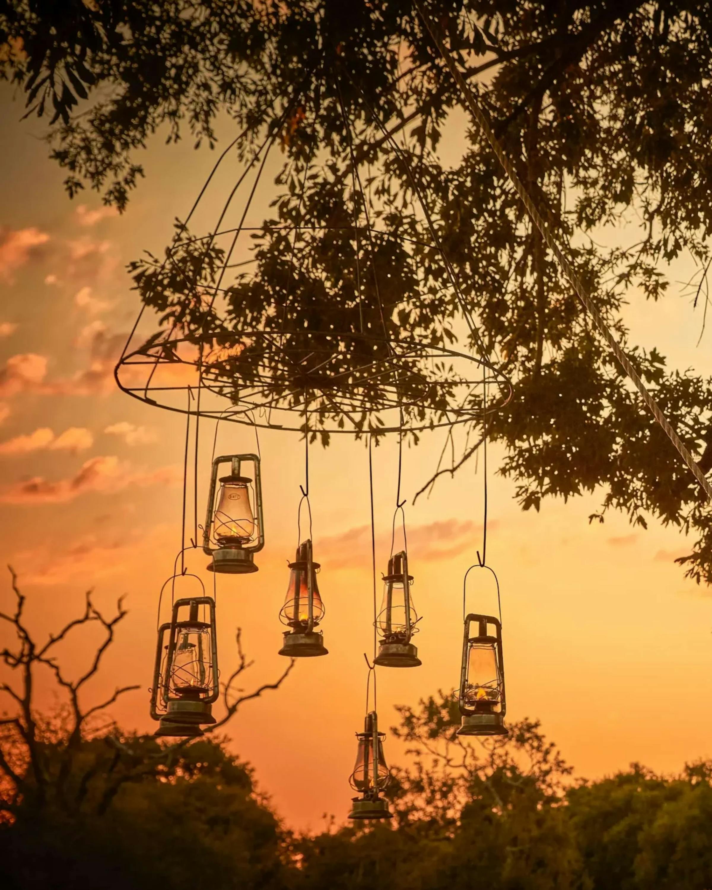 Lanterns hang from a tree at sunset above a bush dinner setup, casting warm light across the savanna below.