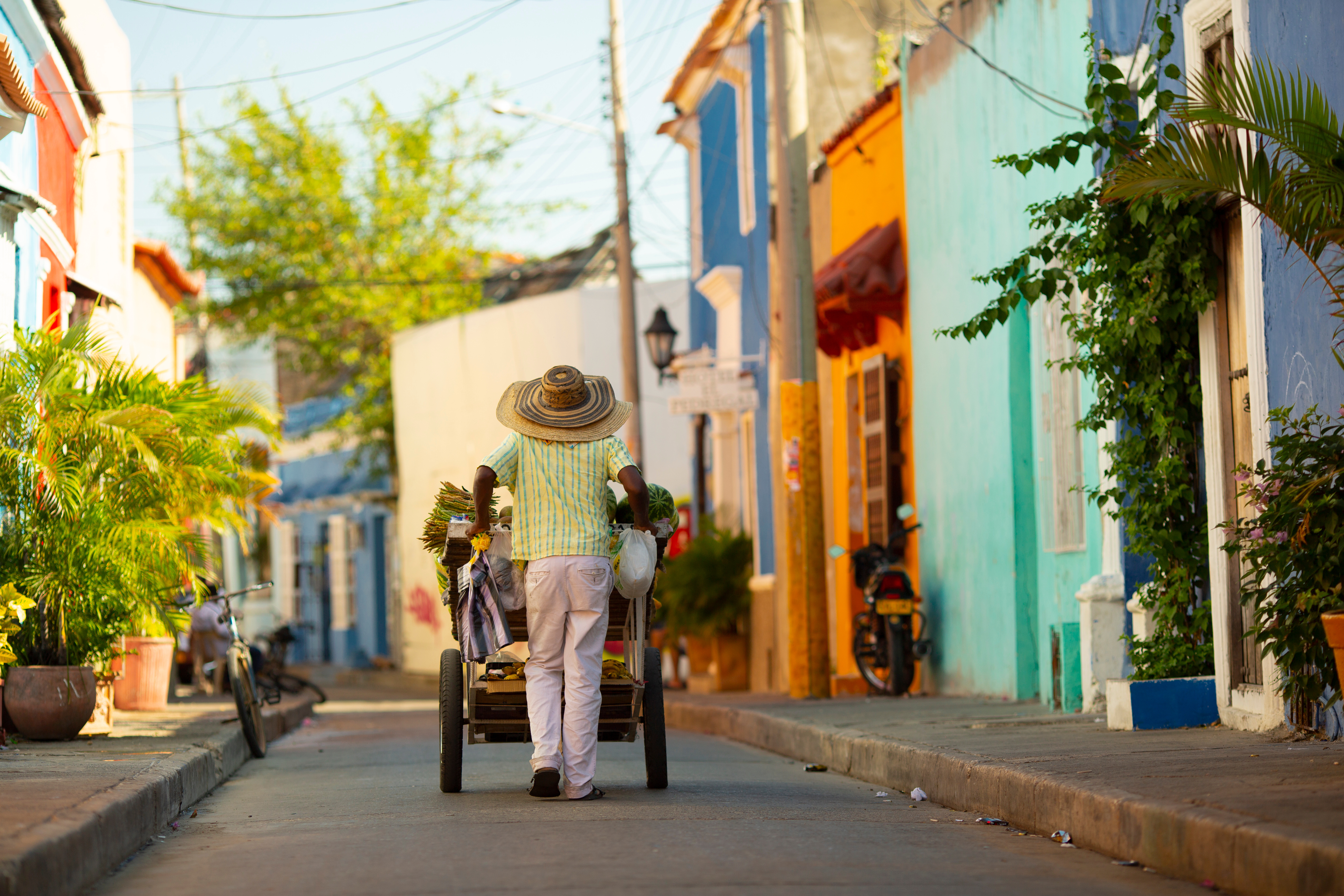 A man in a straw hat pushes a handcart down a colorful Cartagena street, with pastel buildings and palm fronds.