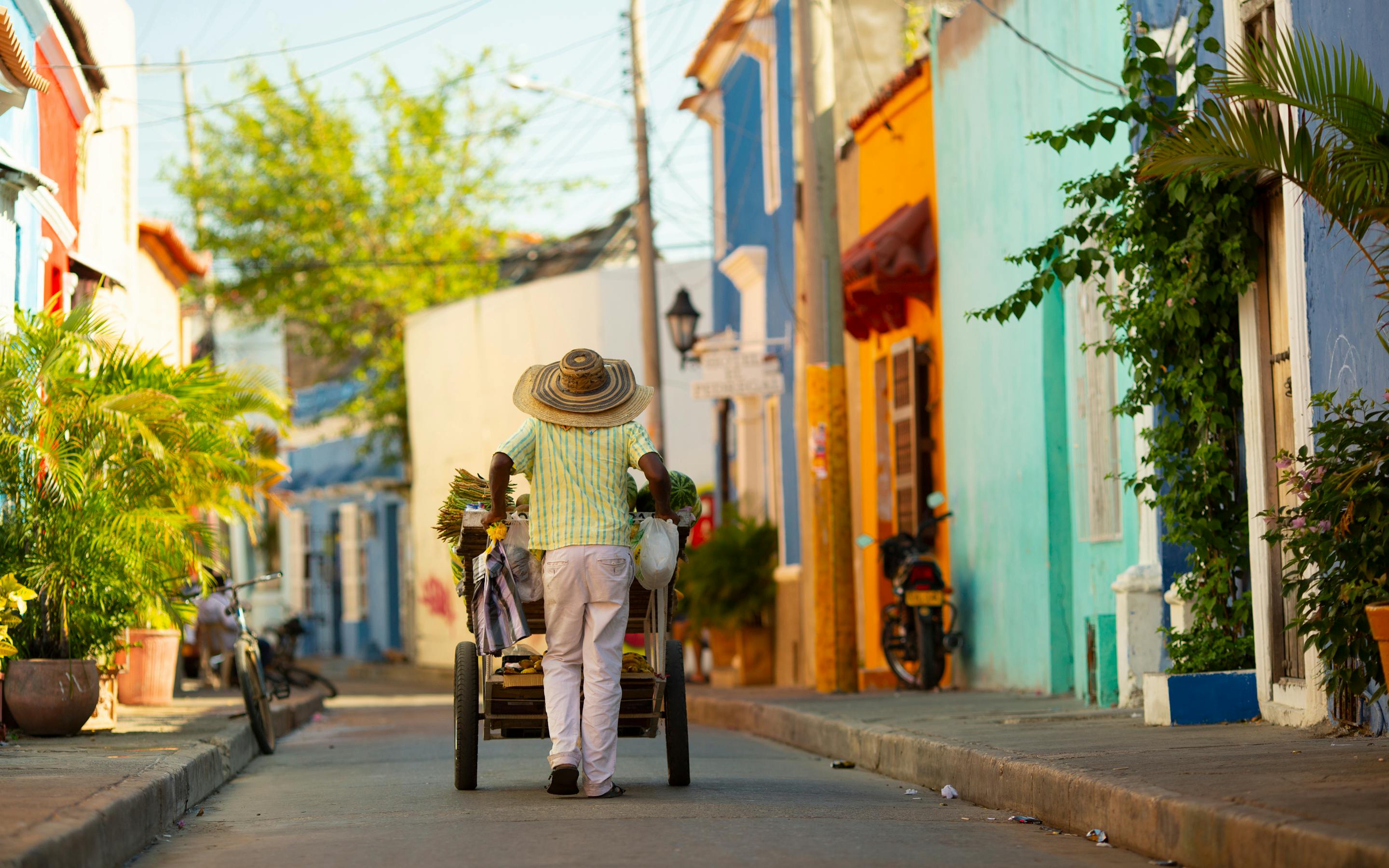 A man in a straw hat pushes a handcart down a colorful Cartagena street, with pastel buildings and palm fronds.