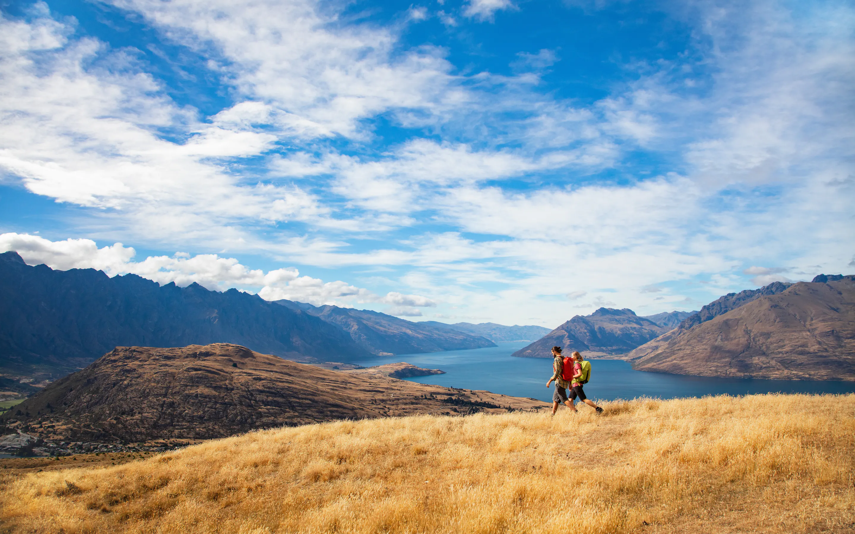 Two hikers stand on golden tussock above Lake Wakatipu, with rugged peaks and dramatic clouds overhead.