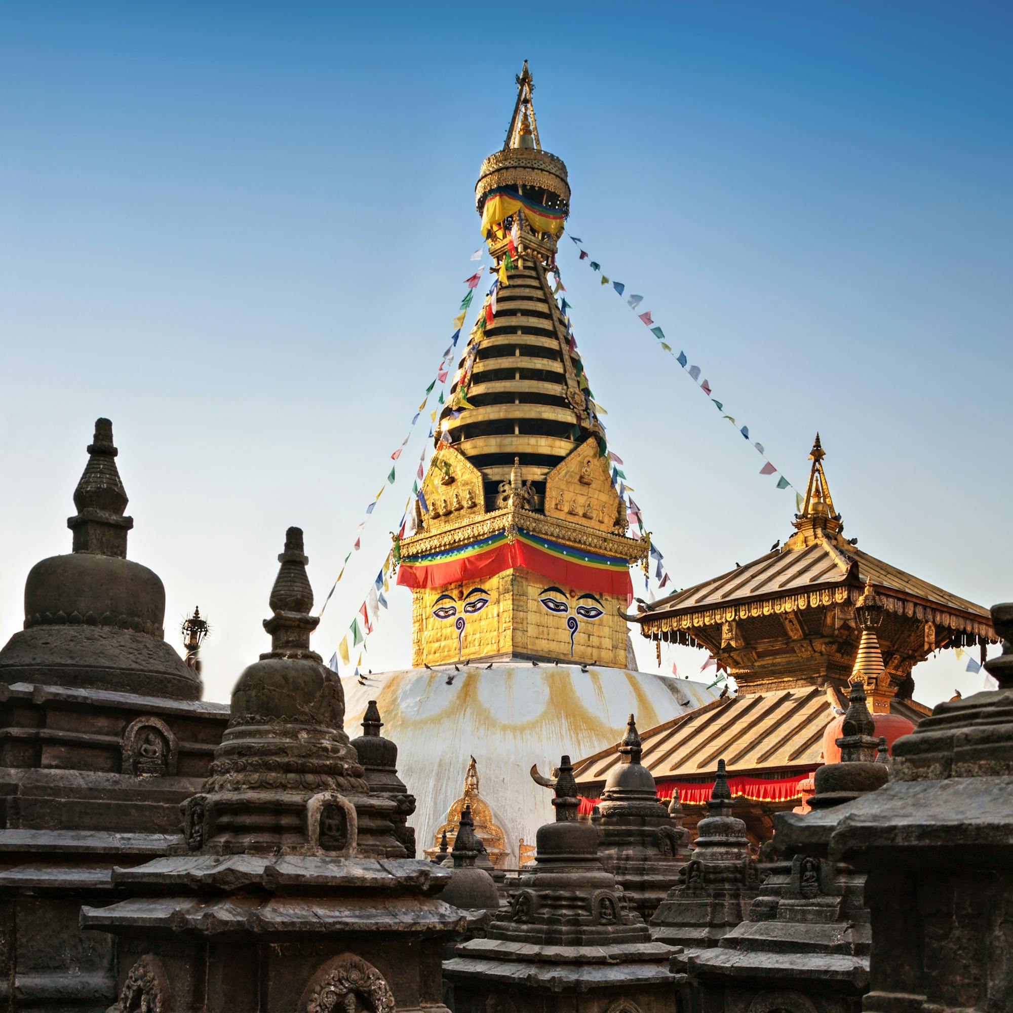 Stupa rises above a cluster of rooftops with prayer flags fluttering in the wind.