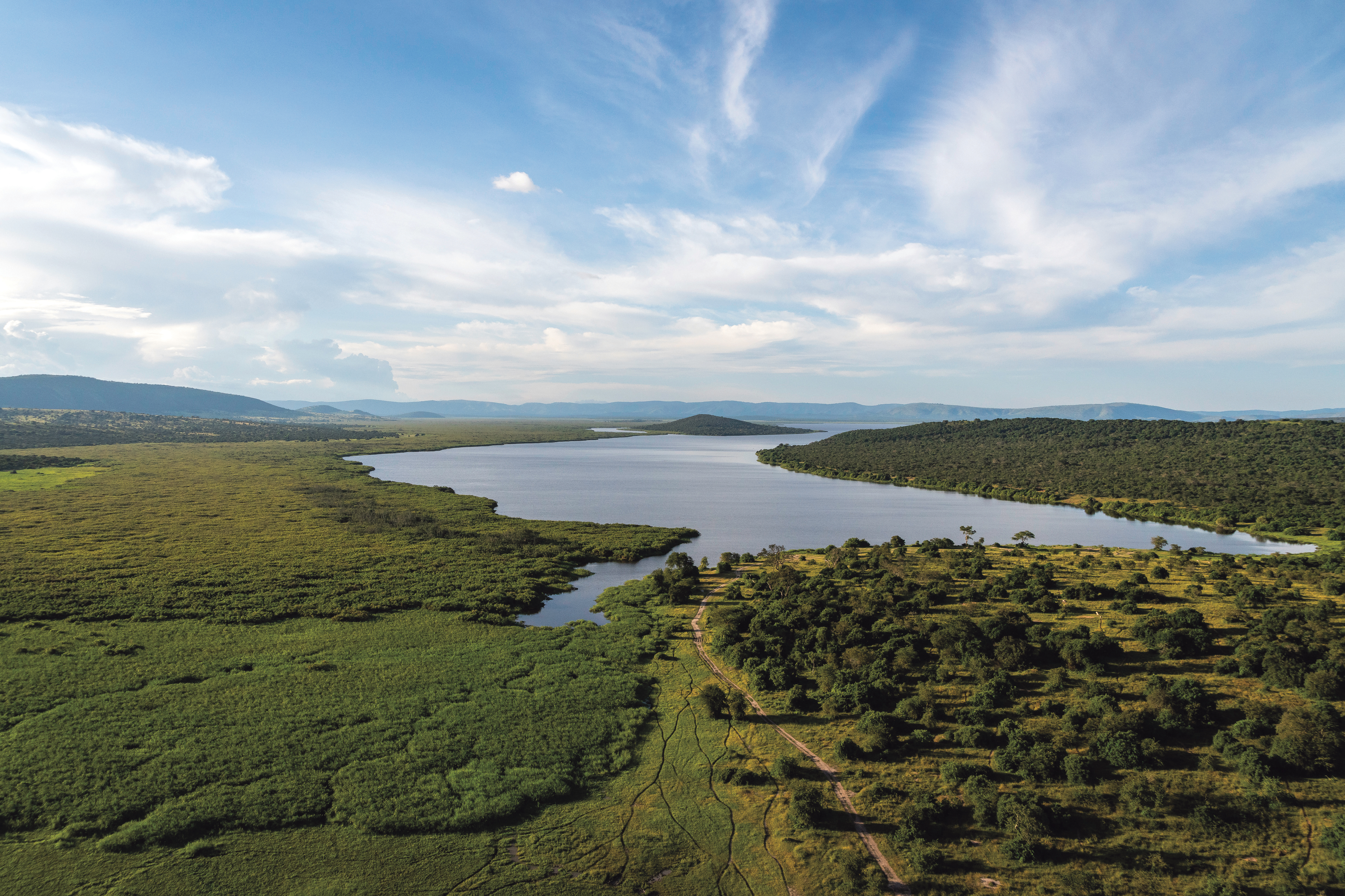 Aerial view of a winding river through green wetlands, with narrow channels and sandbars under soft light.