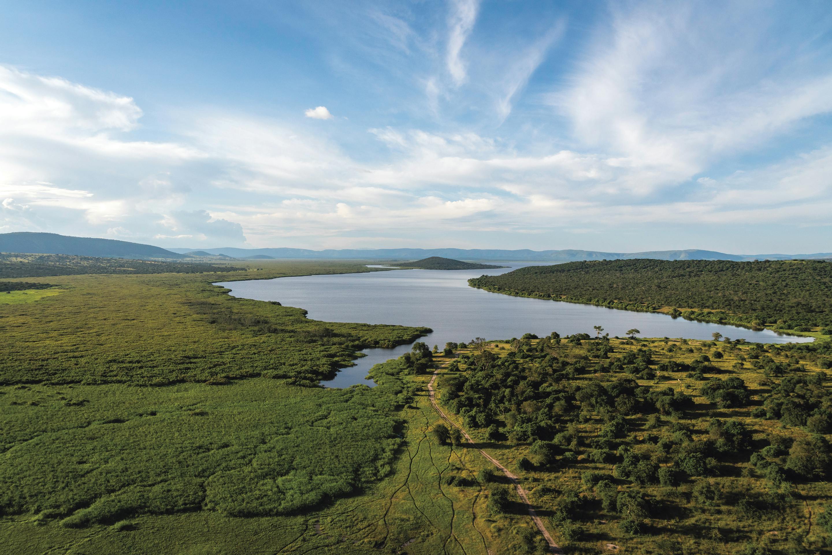 Aerial view of a winding river through green wetlands, with narrow channels and sandbars under soft light.