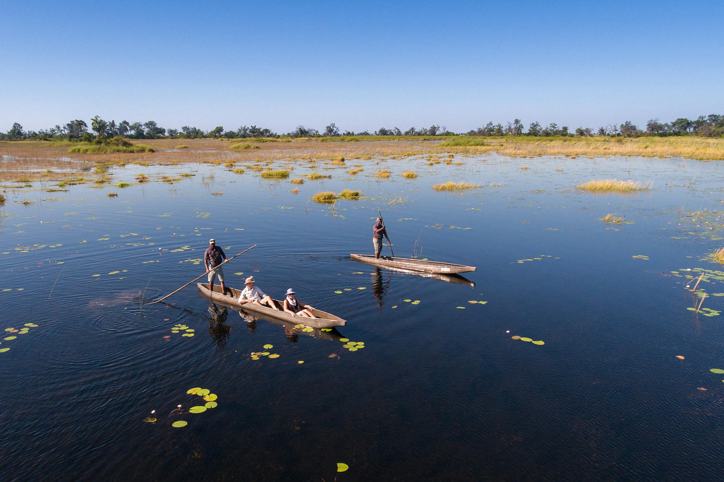 Two mokoro canoes glide over blue water dotted with lily pads, leaving soft ripples across the calm delta.