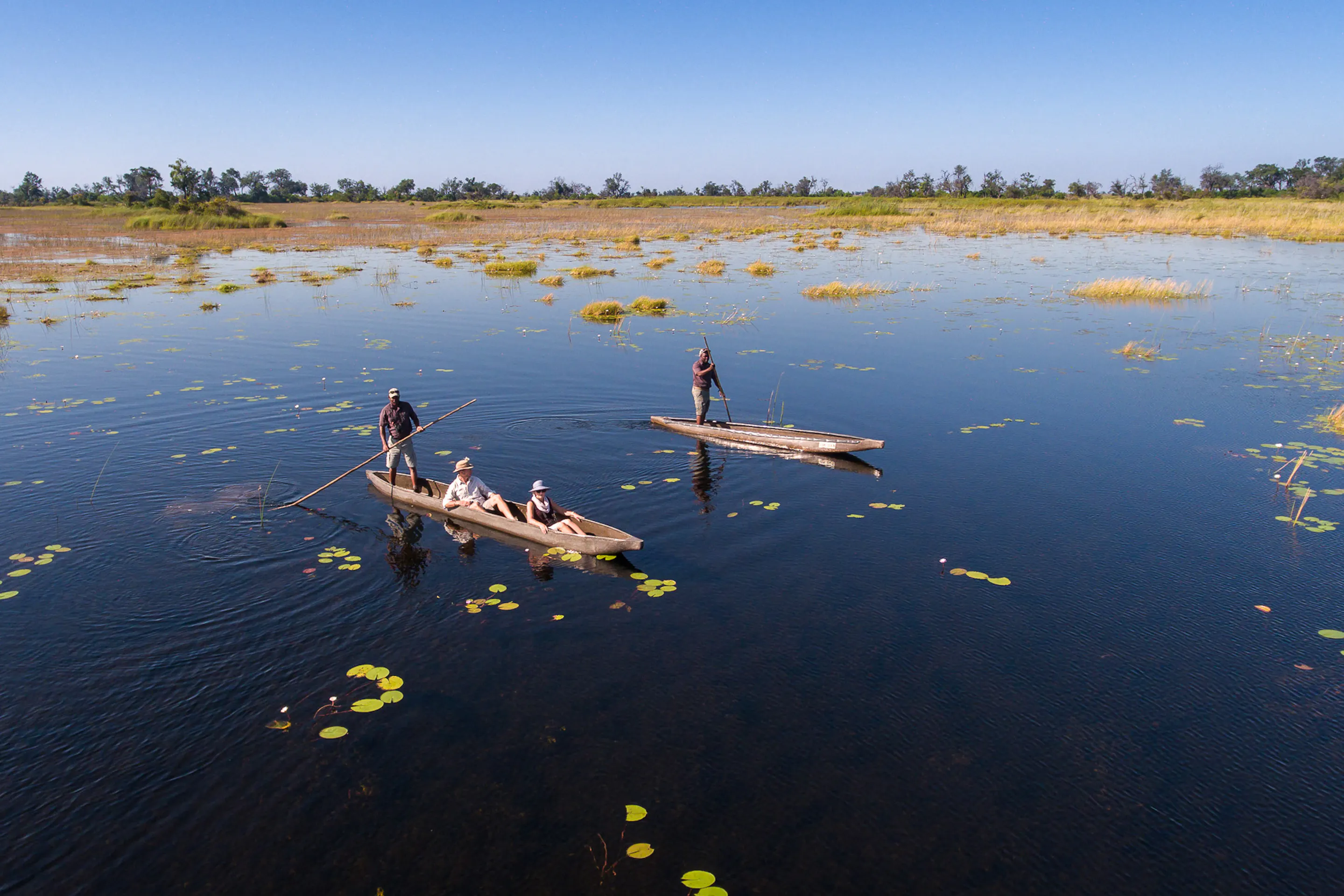 Two mokoro canoes glide over blue water dotted with lily pads, leaving soft ripples across the calm delta.