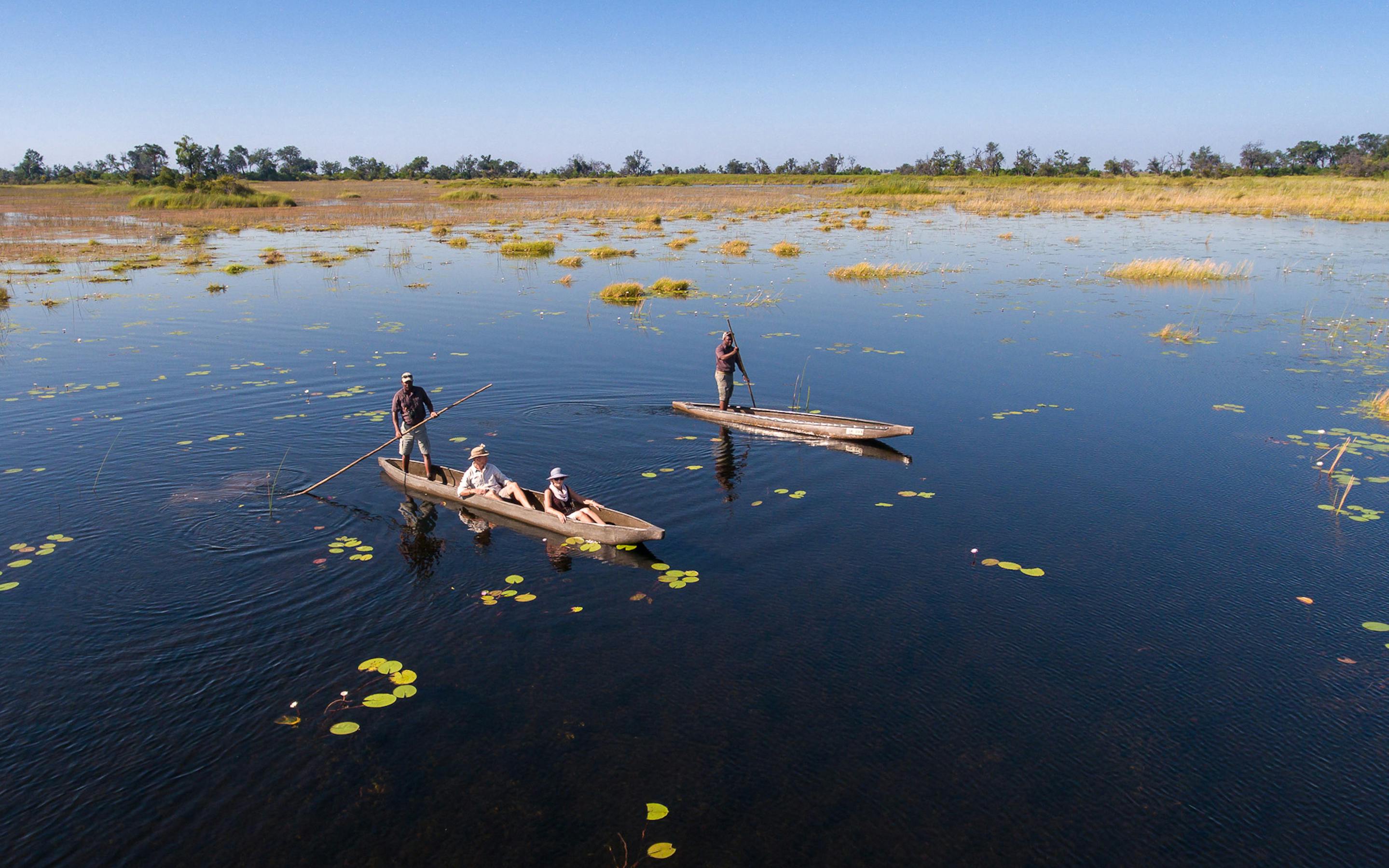 Two mokoro canoes glide over blue water dotted with lily pads, leaving soft ripples across the calm delta.