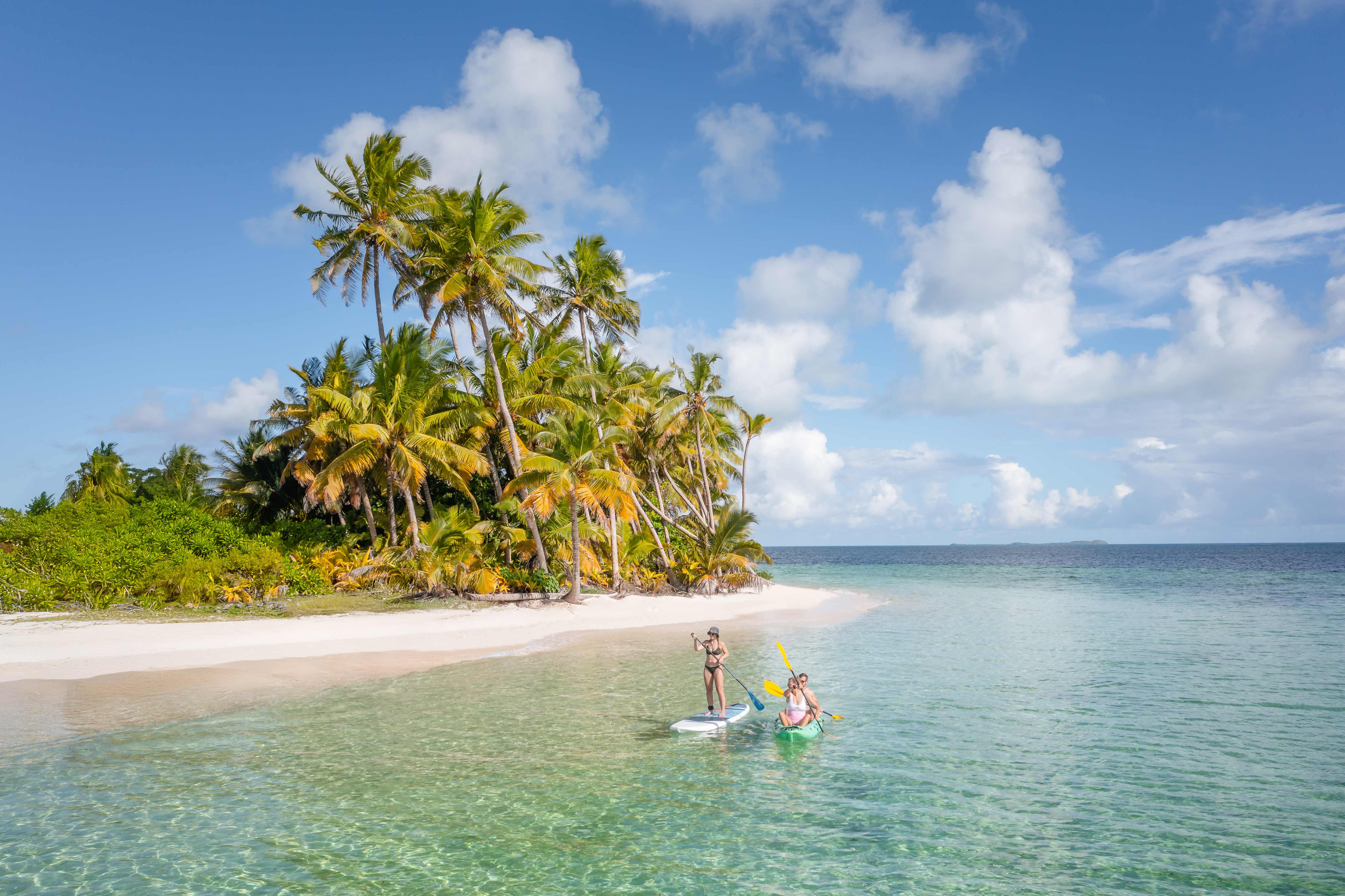 A lone swimmer floats in clear turquoise water near a white-sand beach lined with palms under a bright sky.