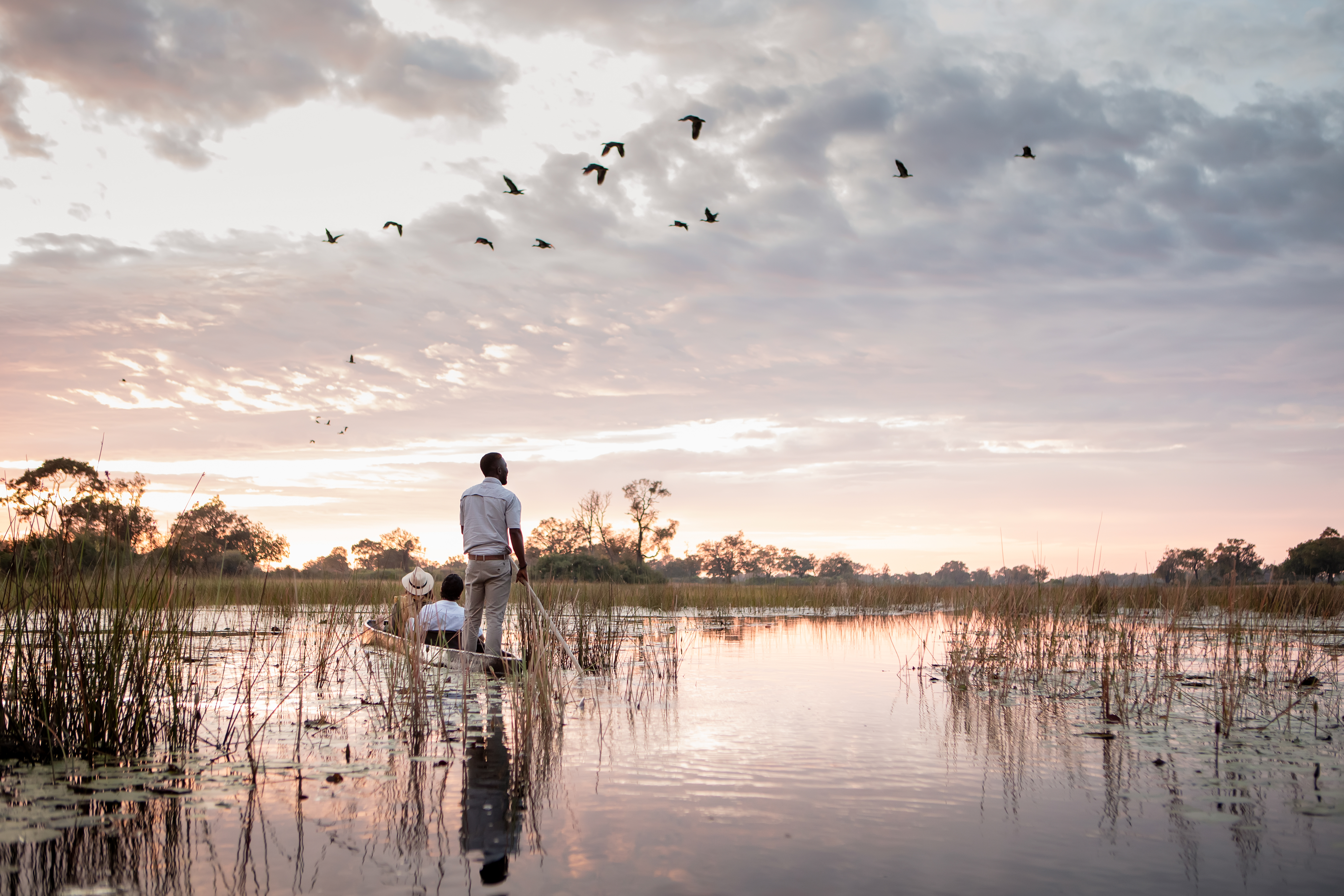 A person poles a canoe through shallow reflective water at dusk, as birds circle above and reeds frame the scene.