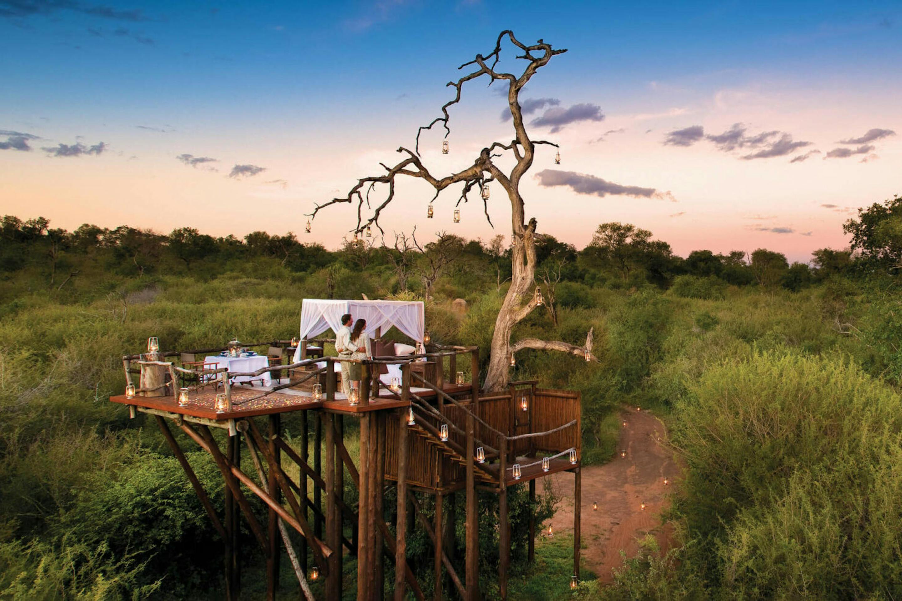 An elevated dining deck wraps around a bare tree at dusk, with a set table overlooking green bush and pink sky.